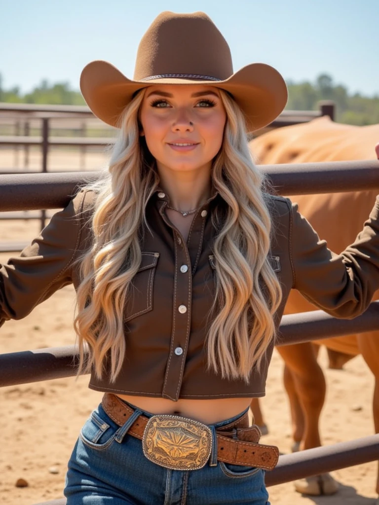 A blonde cowgirl is leaning over a cattle panel at a rodeo.  She's wearing lawman jeans and a midriff western shirt with a felt cowboy hat.  The environment is dusty but bright, lit by direct sunlight.  Her large gold and silver rodeo buckle prominent on her western belt. The atmosphere is rustic and western themed.