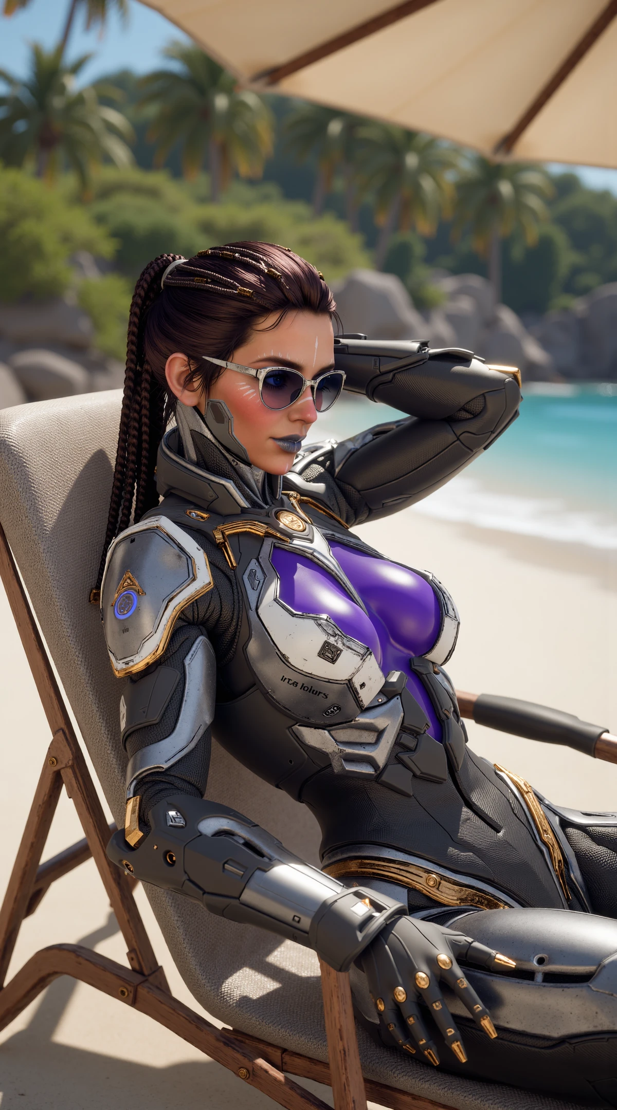 a realistic cinematic full-body film still of TFD-Sharen-Default-NoHelmet, a female cyborg in a futuristic, armored suit at a tropical beach laying, leaning back in a beach chair with one arm behind her head. The beach has palm trees, rocks and bushes. There is a parasol covering her from the sunlight. 
She has white makeup lines and silver lipstick. Her dark brown hair is styled in multiple, thick braids adorned with small, metallic rings. She is wearing sun glasses.
She has a futuristic, armor-like suit that is predominantly metallic silver with gold accents and intricate, glowing blue details. The suit is form-fitting and covers her entire body, with a high collar that extends to her neck and a large chest piece that reveals a large glowing purple skin-tight design. The armor has a sleek, polished appearance with smooth, rounded edges and a slightly reflective surface, giving it a high-tech, futuristic aesthetic.  The suit's form-fitting, aerodynamic shape, emphasizes her curvaceous physique
<lora:TFD-Sharen-Default-NoHelmet:0.7>