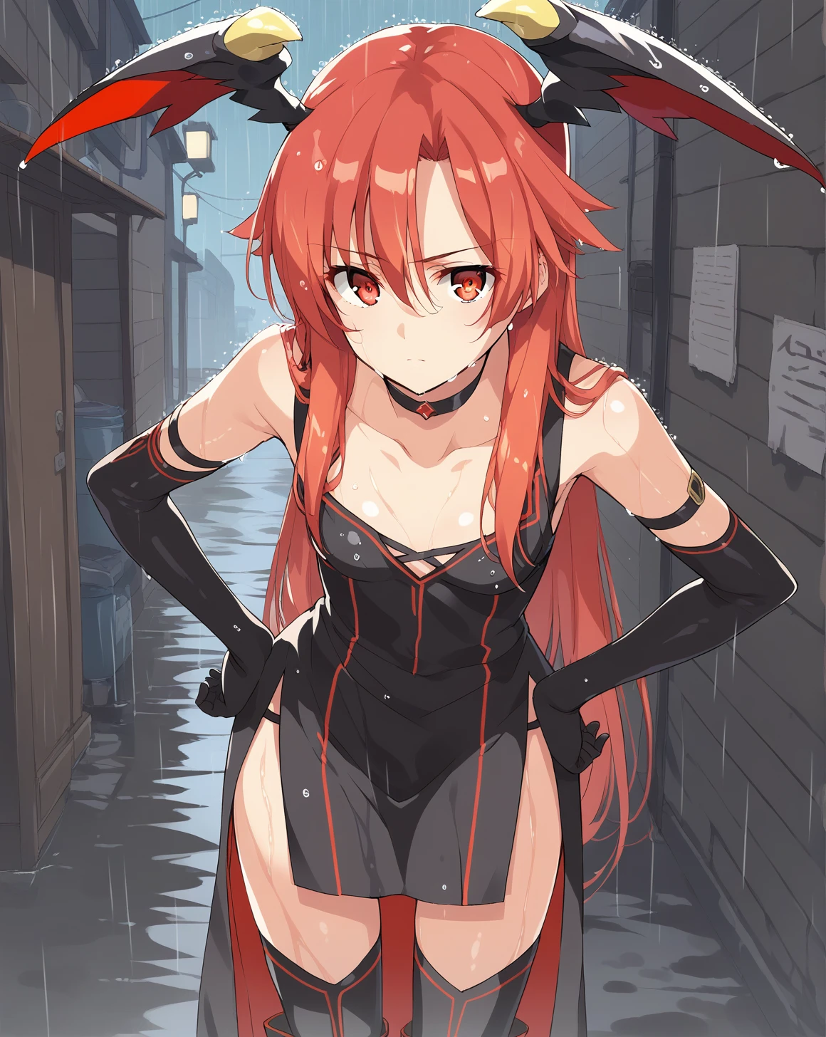 <lora:lisara_restall_v1.3:0.9>,lisara restall,red eyes,red hair,long hair,small breasts,
shinigami,head wings,(black dress:1.1),elbow gloves,thigh boots,choker,waist cape,
1girl,solo,
BREAK
standing,looking at viewer,leaning forward,hand on own hip,facing viewer,
outdoors,rain,wet hair,wet clothes,alley,dark,night,, score_9,score_8_up,score_7_up,source_anime,best quality,masterpiece,uncensored,detailed eyes,