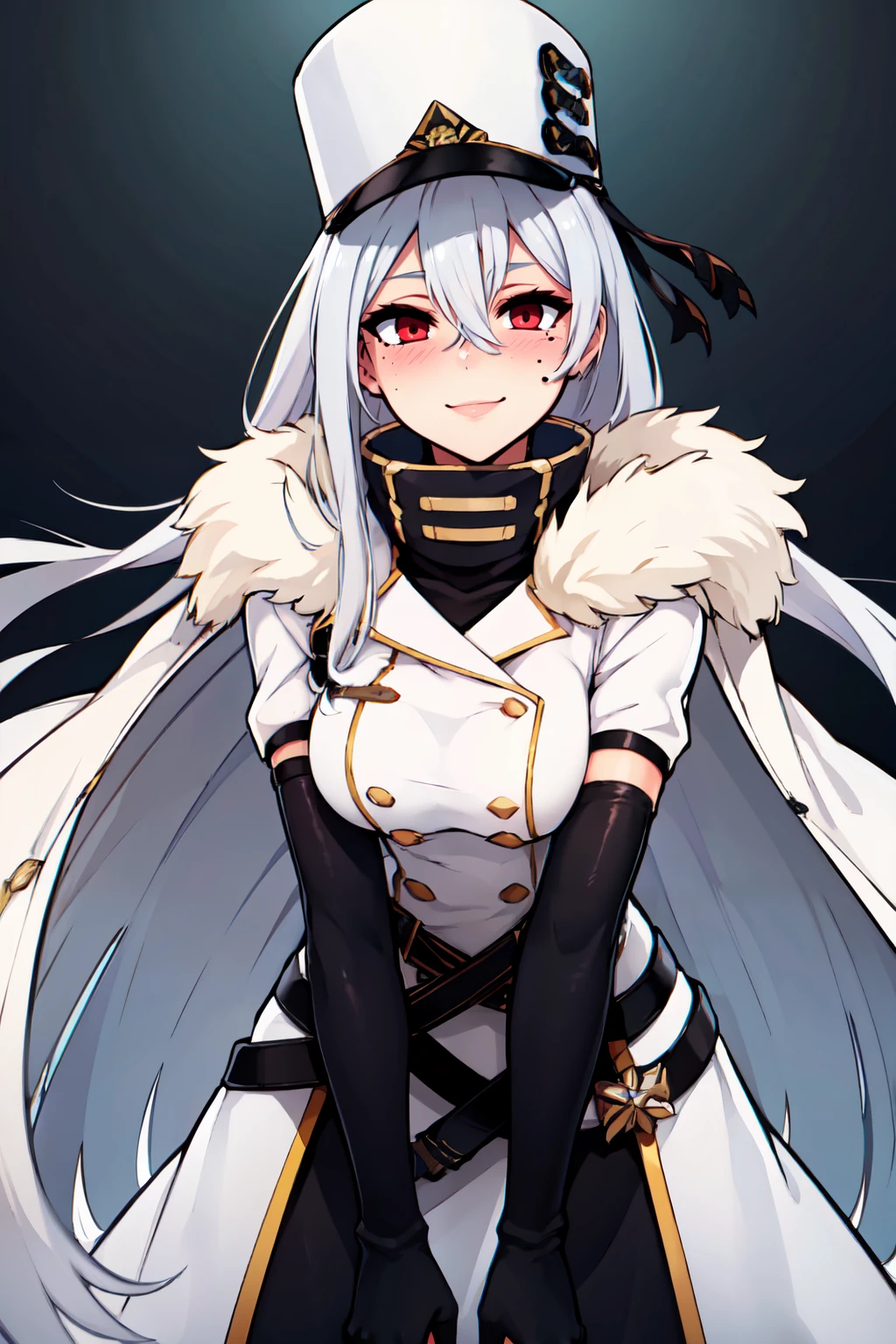 ((masterpiece,best quality)), absurdres,  BREAK, , <lora:Rossiya_Azurlane:0.8>, zzRossiya, long hair, red eyes, hair between eyes, white hair, mole, very long hair, mole under eye, bangs, grey hair, hat, white headwear, military hat, black gloves, double-breasted, fur-trimmed coat, high collar, white coat, belt, elbow gloves, , BREAK, leaning forward, head tilt, blush, upper body,, BREAK, solo, smile, looking at viewer, cowboy shot,