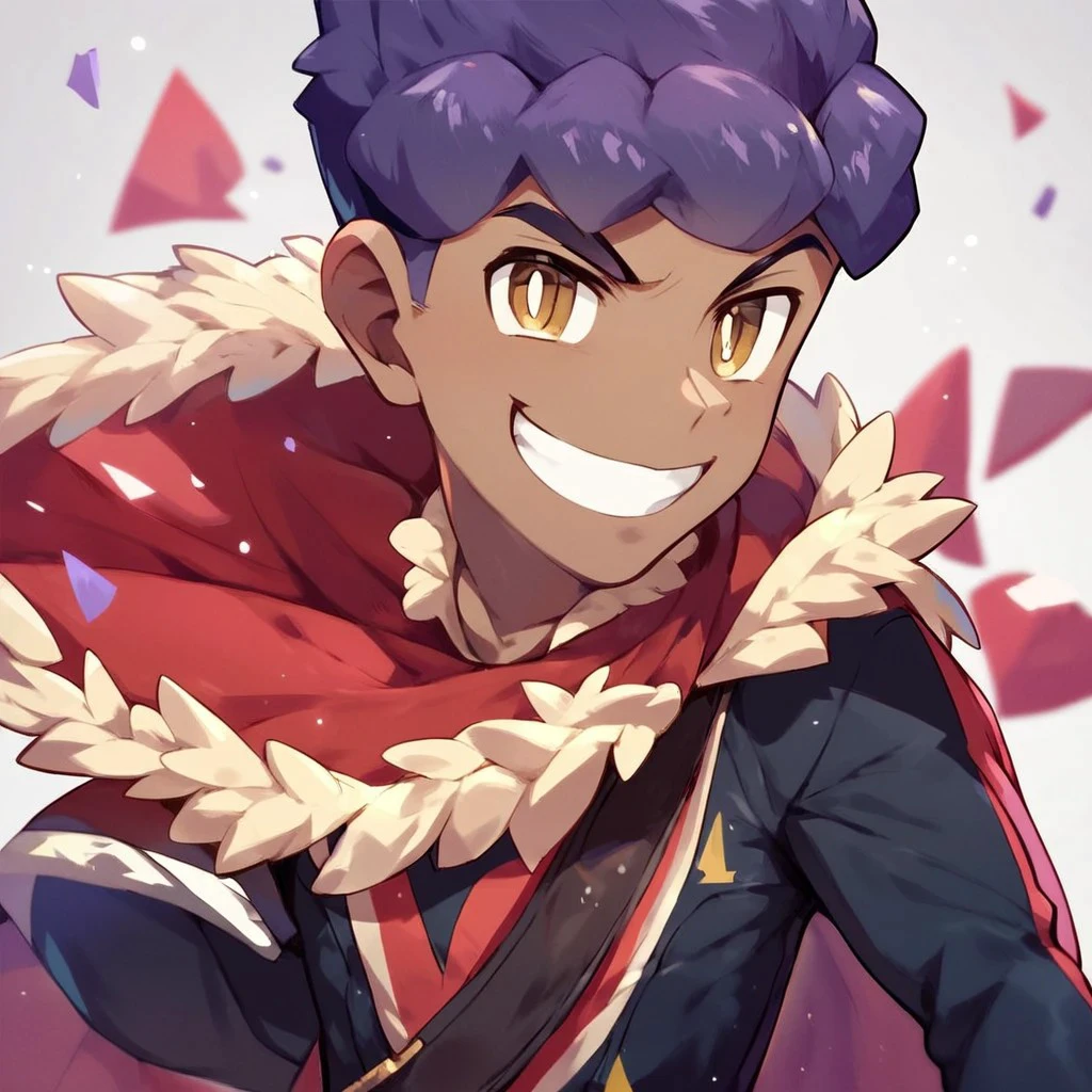 (masterpiece), score_9, score_8_up, score_7_up, score_6_up, score_5_up, score_4_up, 1boy, solo, Hop, dark purple hair, light brown eyes, dark skin, champion suit, red cape, grin, looking at viewer