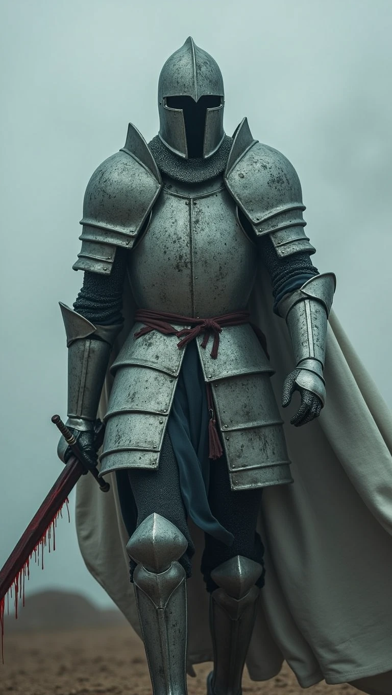 A spectral knight clad in ancient crusader armor roams a desolate battlefield, his form flickering like a ghost. His sword, once a symbol of righteousness, now drips with ethereal blood. The air around him is cold, and his eyes burn with an unfulfilled purpose
<lora:photo-enhancer10:0.7>