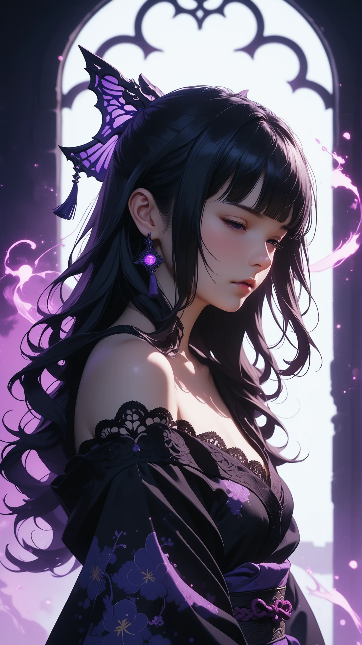 score_9, score_8_up, score_7_up, score_7, score_6_up, score_5_up, Tsukuyomi (Final Fantasy XIV), (front view:1.2), hair falling into face, long bangs, side parted bangs, purple neon glow, shadows,<lora:reij-art-graffitineonsplash-000005:0.5> close up,long hair, bangs,hime cut, black hair, wearing a lace kimono dress, off the shoulder, moonlight