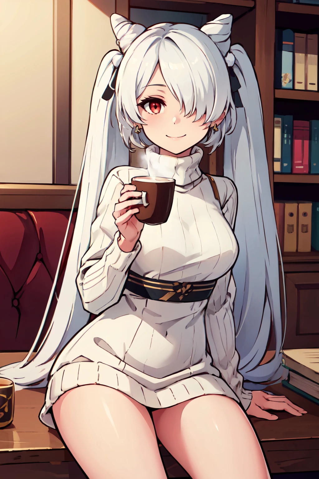 ((masterpiece,best quality)), absurdres,  BREAK, , <lora:Kiev_Azurlane:0.8>, zzKiev, long hair, red eyes, twintails, hair bun, hair over one eye, cone hair bun, white hair, very long hair,  , BREAK, turtleneck sweater, earrings, library, cup of coffee, sitting at table, BREAK, solo, smile, looking at viewer, cowboy shot,