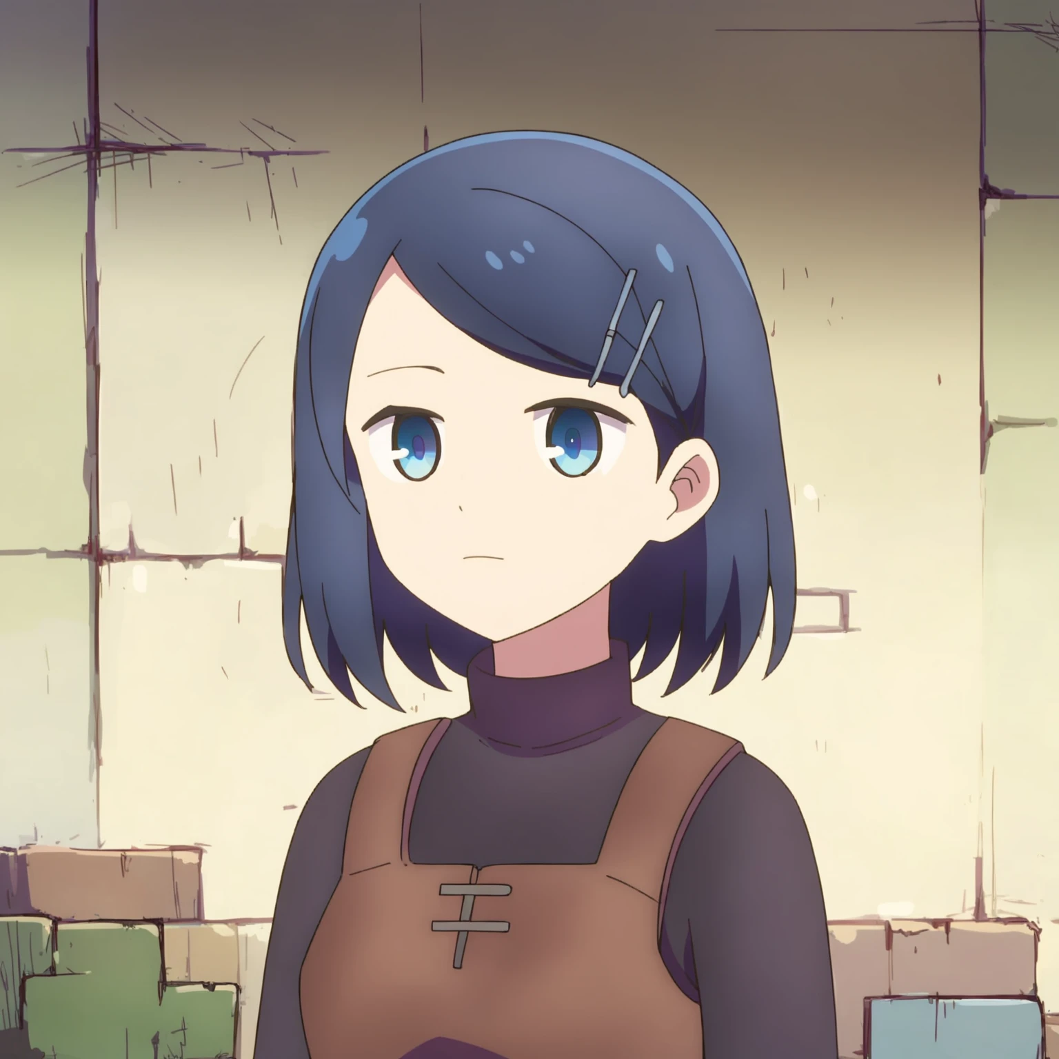 clay, 1girl,  solo, medium hair, dark blue hair, hairpin, emotionless, score_9, score_8_up, score_7_up, masterpiece, best quality, upper body,   <lora:dungeon-people-pack-ponyXL-v0.8-000013:1>