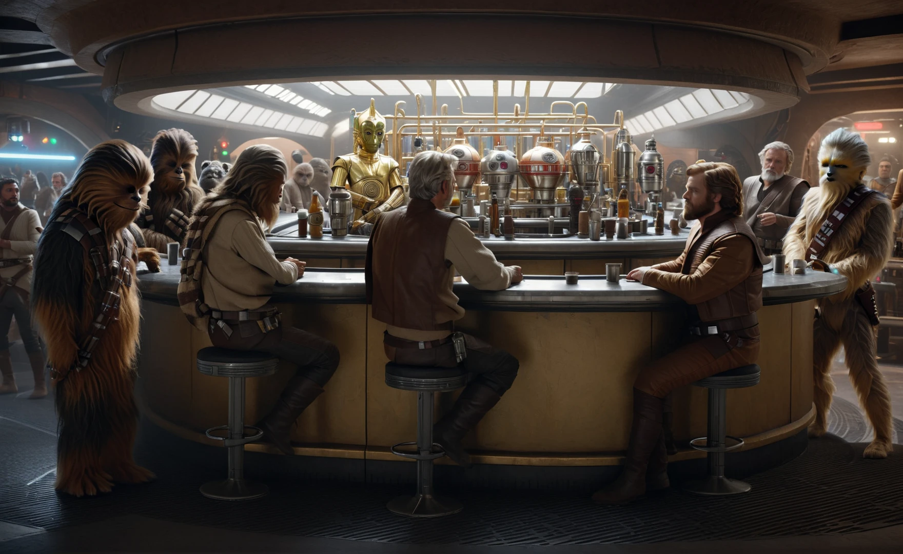 cinematic film still of <lora:Mos-Eisley-Cantina:0.8> MosEisley-Cantina scene with a group of alien creatures standing around a bar, Luke Skywalker Chewie Obi-Wan and C-3PO, insanely detailed, lifelike, centered, portrait, atmospheric, intricate, character photography, 8k, sharp focus, unreal engine 5, volumetric lighting, octane render, vray, character photography, Fujifilm XT3, DSLR, 50mm, ultra-realistic, hyperrealism, authentic Star wars atmosphere, sci-fi vibes masterpiece, trending on artstation, <lora:star wars style:0.2> <lora:detailed:0.4> detailed <lora:perfection style:0.4> perfect <lora:PerfectEyesXL:0.5> <lora:Chiaroscuro Lighting Style:0.3>