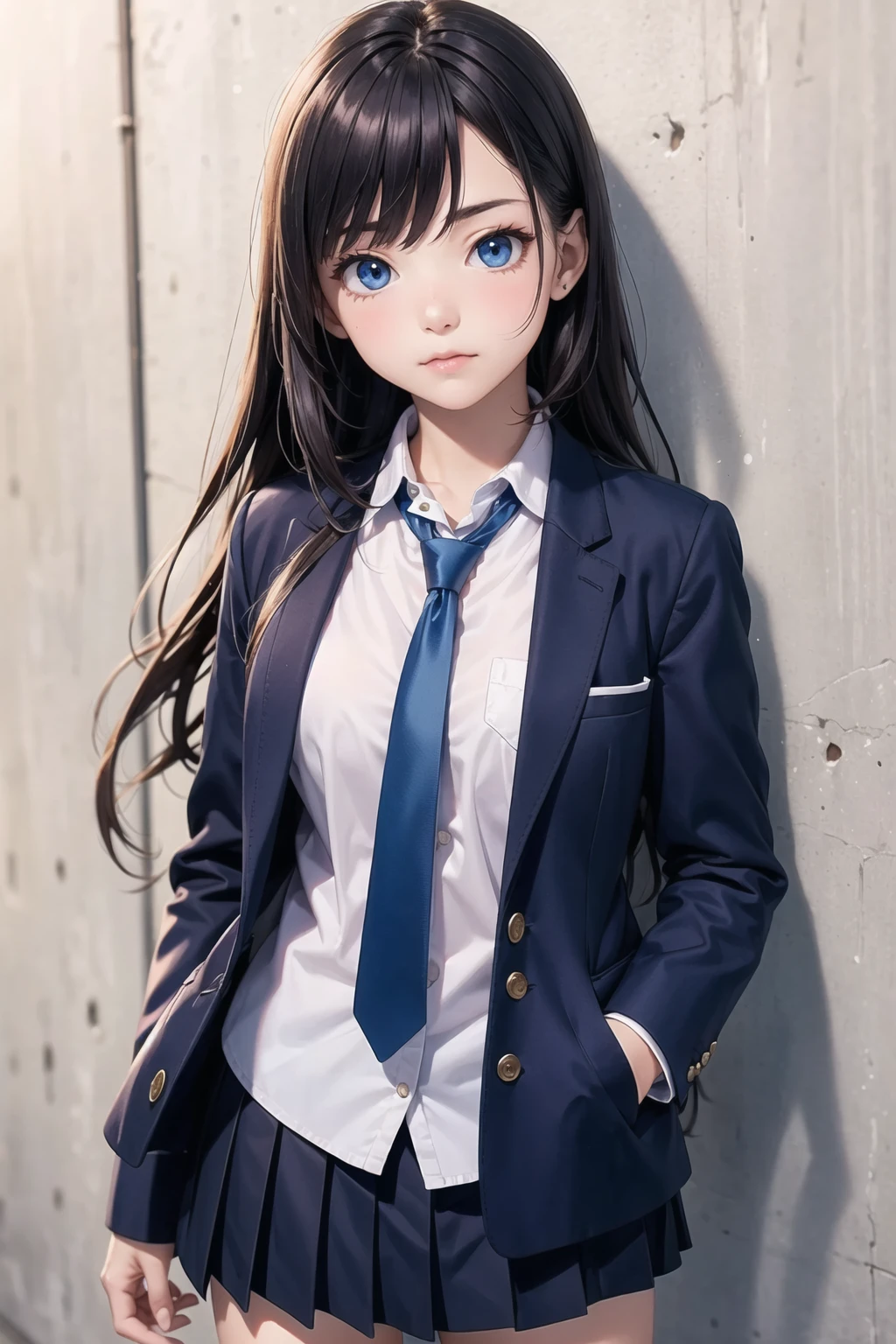 kawaii,18yo, 1girl, long hair, necktie, school uniform, hand in pocket, looking at viewer, blue eyes, pleated skirt, collared shirt, school bag, white shirt, blazer, cowboy shot, open jacket, day, lean against the wall, depth of field, floating hair
