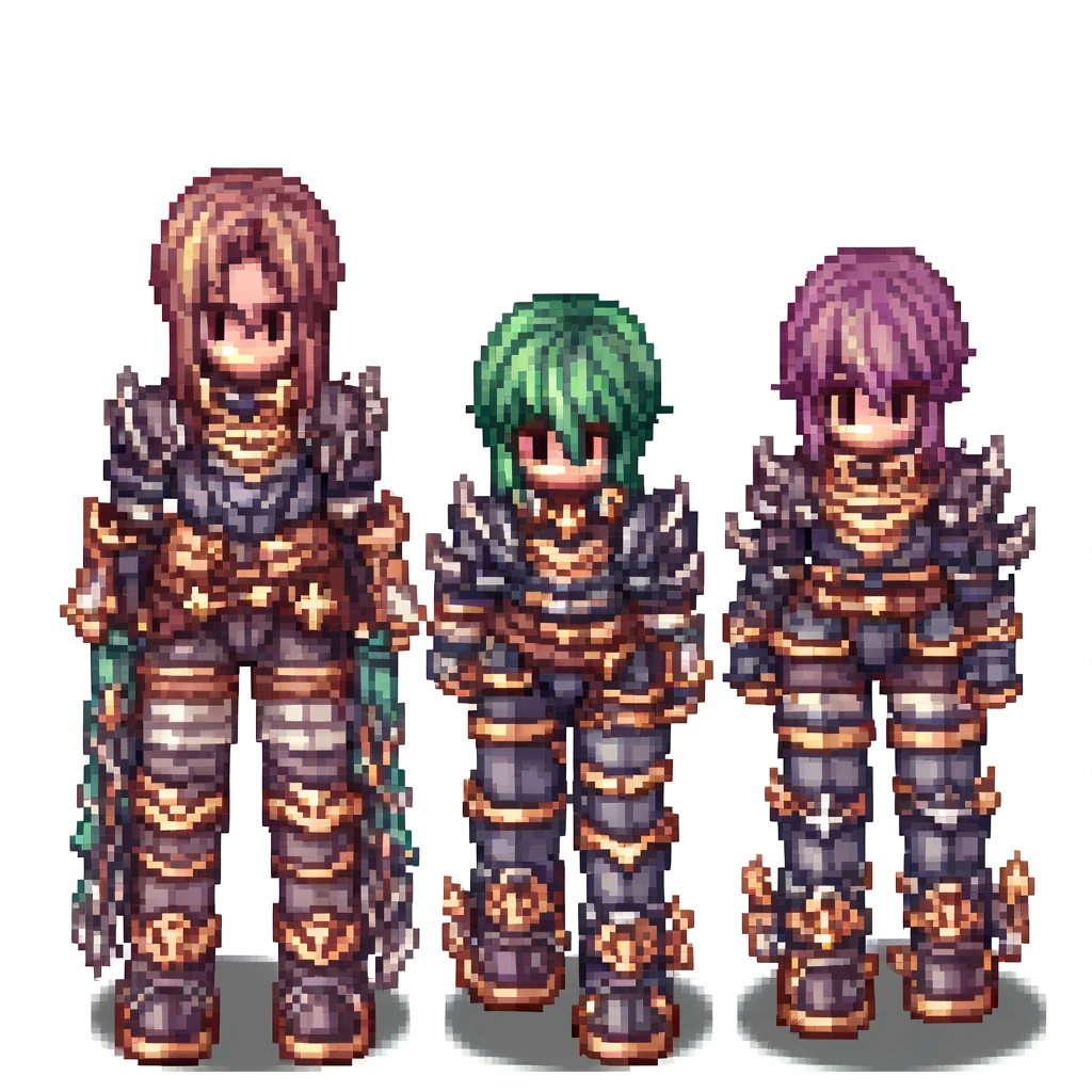 multiple boys, boots, brown hair, green hair, armored boots, pixel art, white background, long hair, pants, gauntlets, simple background