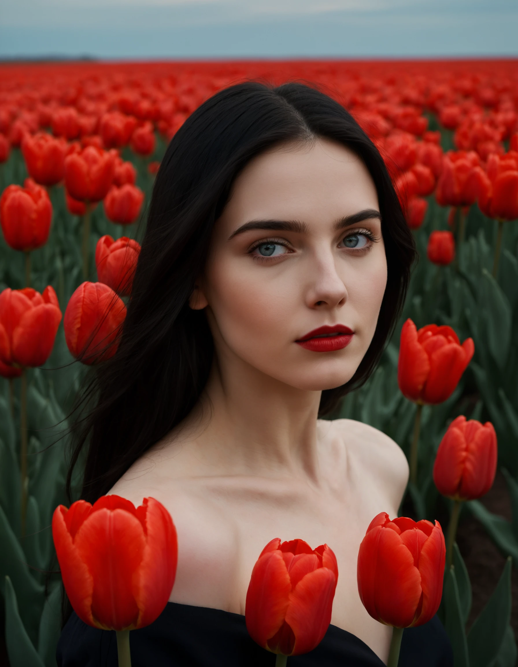 A hyper-realistic portrait of a young woman with a pale complexion and delicate facial features, standing in a vast field of red tulips. She has long, straight, black hair cascading down her shoulders and back, slightly disheveled. Her eyes are large, almond-shaped, and have a striking light blue color with a slightly intense gaze. She has full lips with deep red lipstick, and her expression is neutral, almost melancholic. She is wearing a black high-necked top, which blends with her dark hair, creating a subtle contrast with her pale skin. The perspective is close-up, focusing on her face and upper body, with blurred red tulips in the foreground and background, adding depth. The sky above is clear with a subtle gradient of blue, without any clouds, enhancing the serene yet slightly moody atmosphere of the image