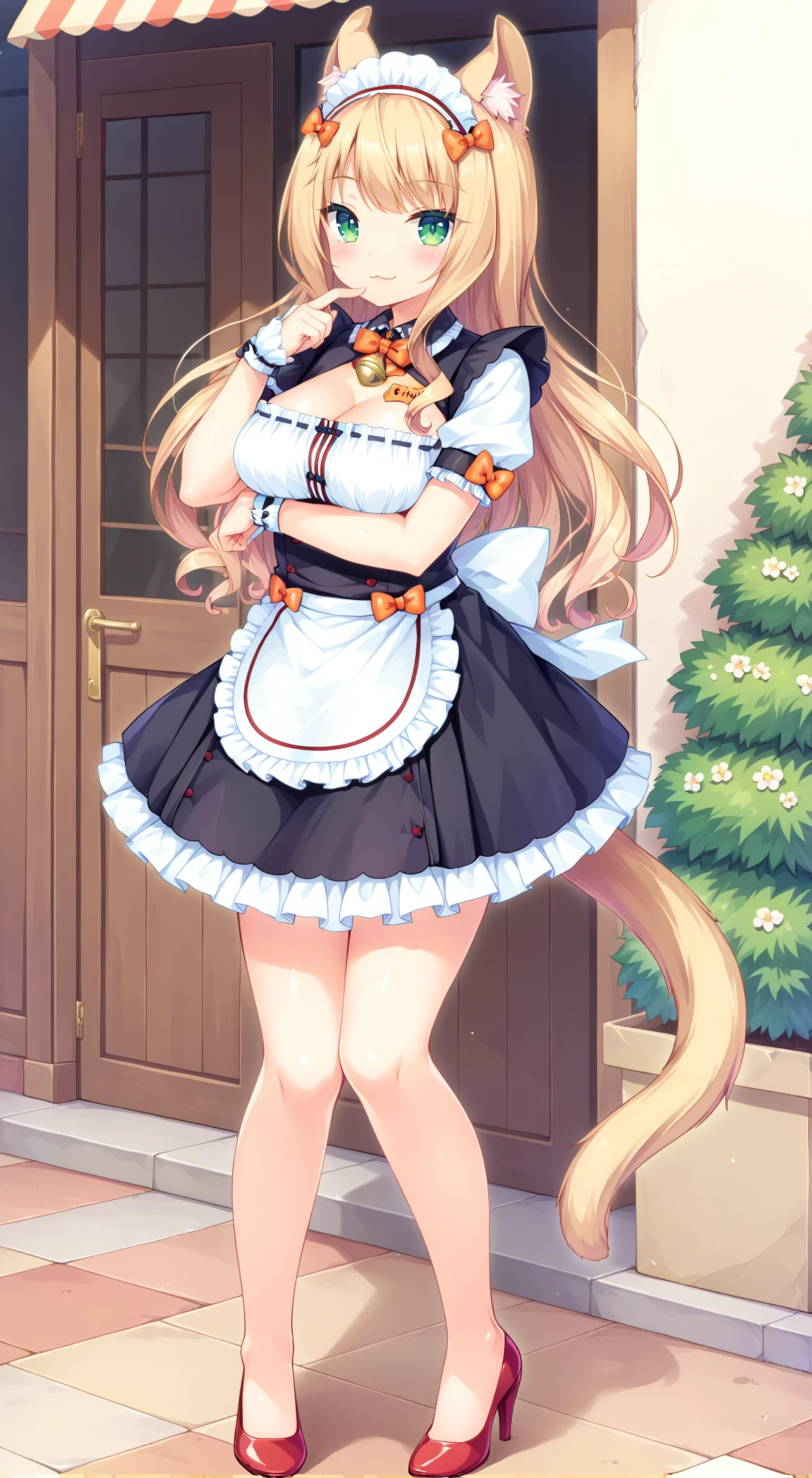 score_9, score_8_up, score_7_up, score_6_up, score_5_up, score_4_up, black_maid_uniform, Maple, cleavage, looking_at_viewer, solo, medium_breasts, closed_mouth, blush, :3, smile, cat_ears, animal_ear_fluff, cat_tail, maid_headdress, orange_bowtie, neck_bell, cleavage_cutout, name_tag, ribbon-trimmed_clothes, puffy_short_sleeves, wrist_cuffs, white_back_bow, (miniskirt:1.2), thighs, white_apron, shoes, red_footwear, high_heels, finger_to_mouth, underbust, breast_hold, long_legs, knees, legs_apart, waitress, standing, full_body, outdoors, <lora:Maple_V0.5(SDXL):0.8> <lora:hand 4:1>, Hand, detailed, perfect, perfection, hands,