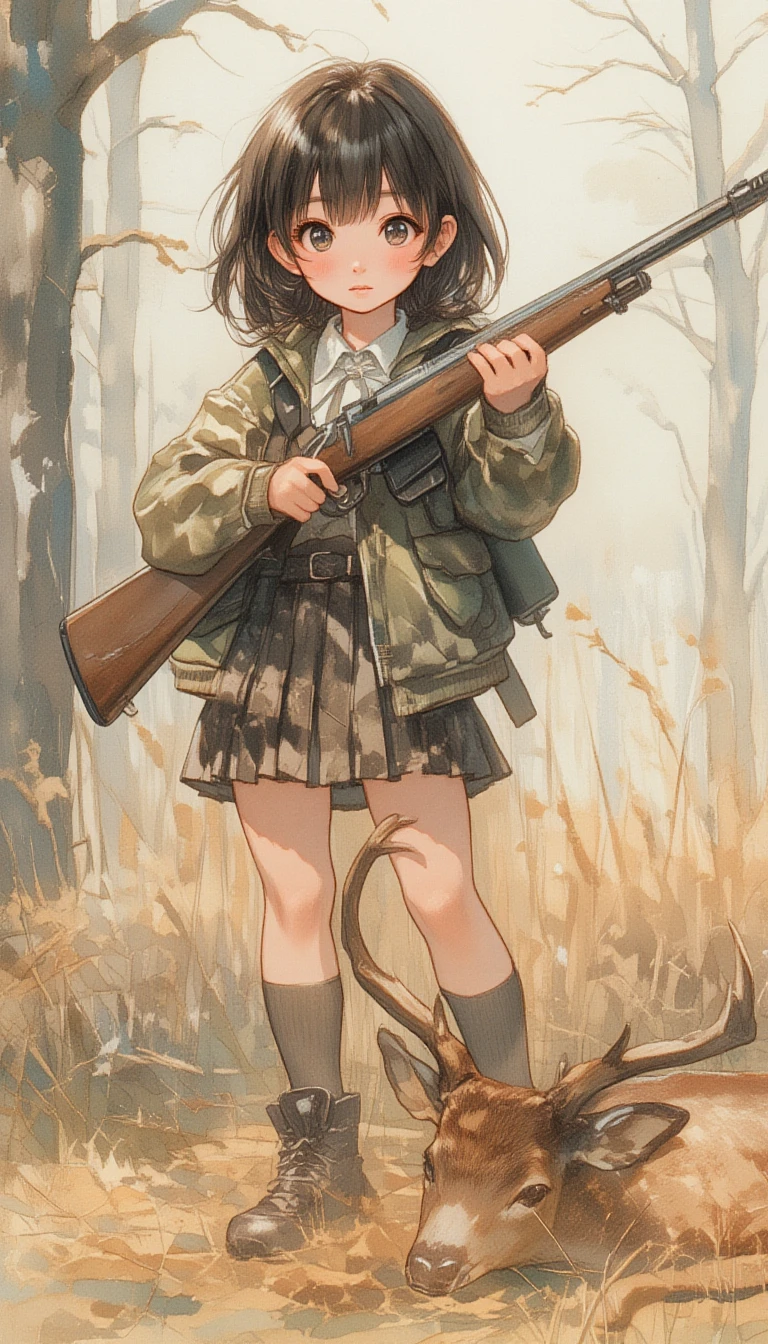 anime illustration, hunting with rifle,opening day of hunting season,detailed background,black hair or brown hair,wearing skirt,white blouse with ribbon,camouflage,camouflage jacket,very cute pupils,magazine cover,the cutest face ever drawn,full body,photogravuer,watercolor painting,commemorative photo next to carcass of dead deer with lying on its side she killed,standing,
