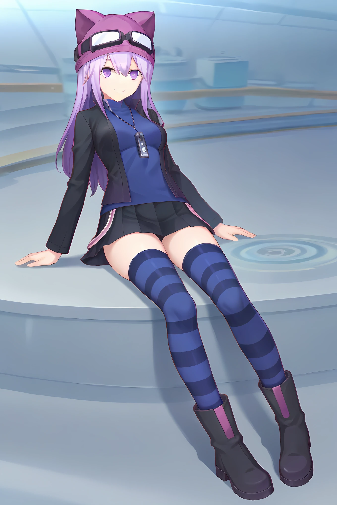 (black jacket blue shirt black skirt striped thighhighs black boots), dsc-sayo, purple hair, purple eyes, purple animal hat, goggles on head, medium breasts, 1girl, solo, skinny, score_9, score_8_up, score_7_up, score_6_up, score_5_up, source_anime, happy, night sky, (1.3::full body|sitting|standing|lying|straight-on|0.6::close-up| :1.20), feet, <lora:dsc-sayo-V01-000004:1.00>