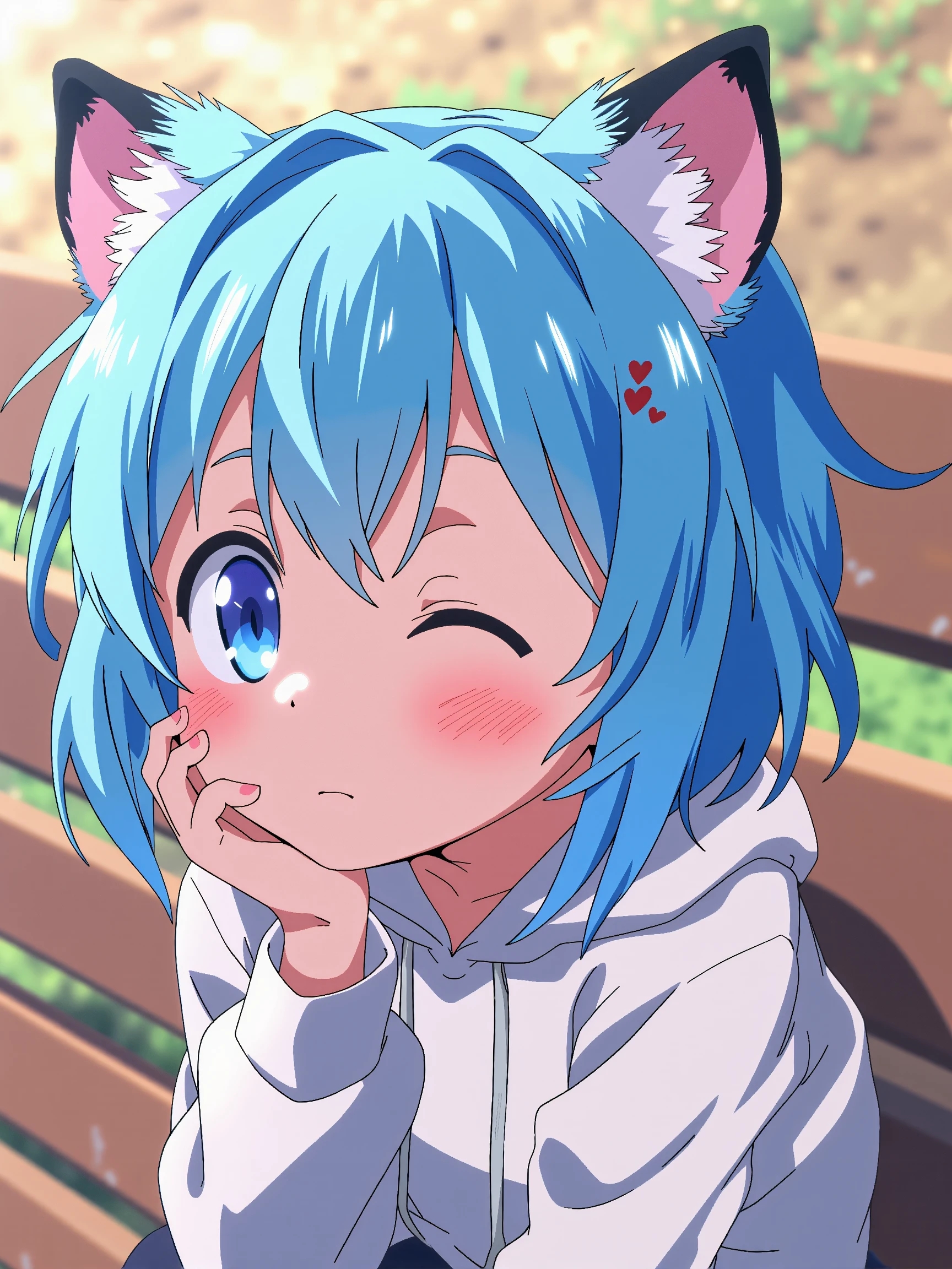 A cute anime neko girl with cat ears and blue hair sitting on a bench. She has a pink blush on her cheeks and is wearing a white hoodie. Her eyes are closed and she has a thoughtful expression on her face, best quality, masterpiece <lora:MJanime_Flux_LoRa_v3_Final:1.0>