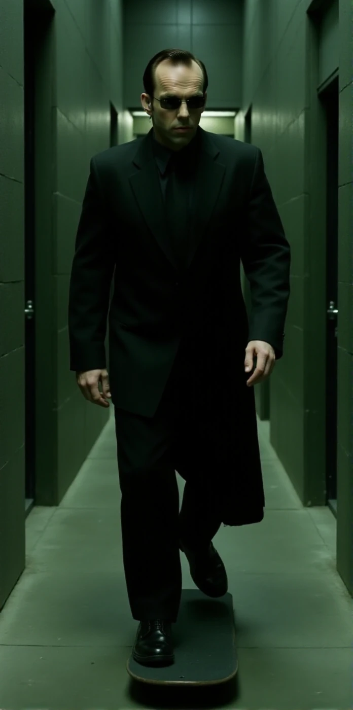 Smith wears a black suit and sunglasses and an earpiece. He is skateboarding in the matrix <lora:Smith:0.9>