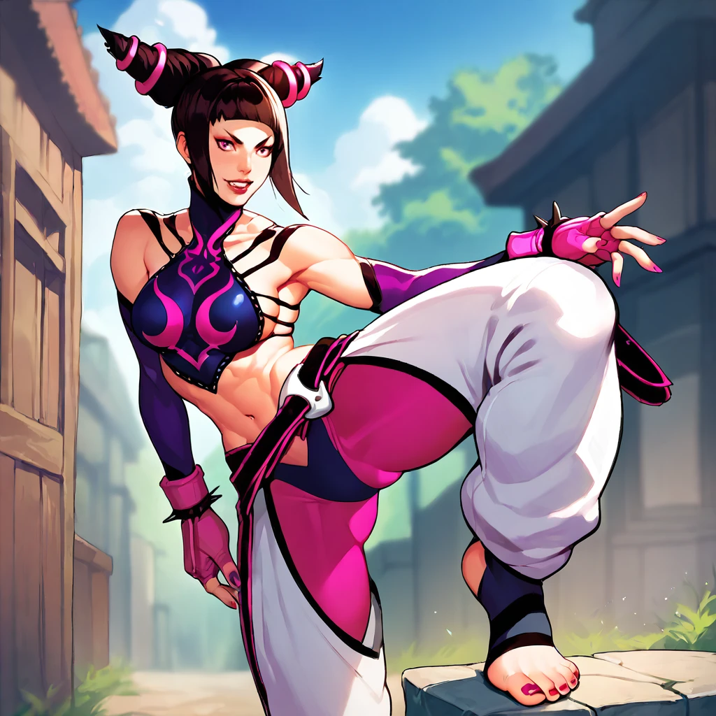 y (((Juri Han)))(por Streetfighter ),tetas perfectas, adolescente ,trasero grande, lindo sexy sensual cuerpo perfecto ,(((empty background)),cuerpo completo 8k , hiperrealista, (((como renderizado de Unreal Engine))) (grandes tetas) todo que parece a un render 3d(((on an empty background)))