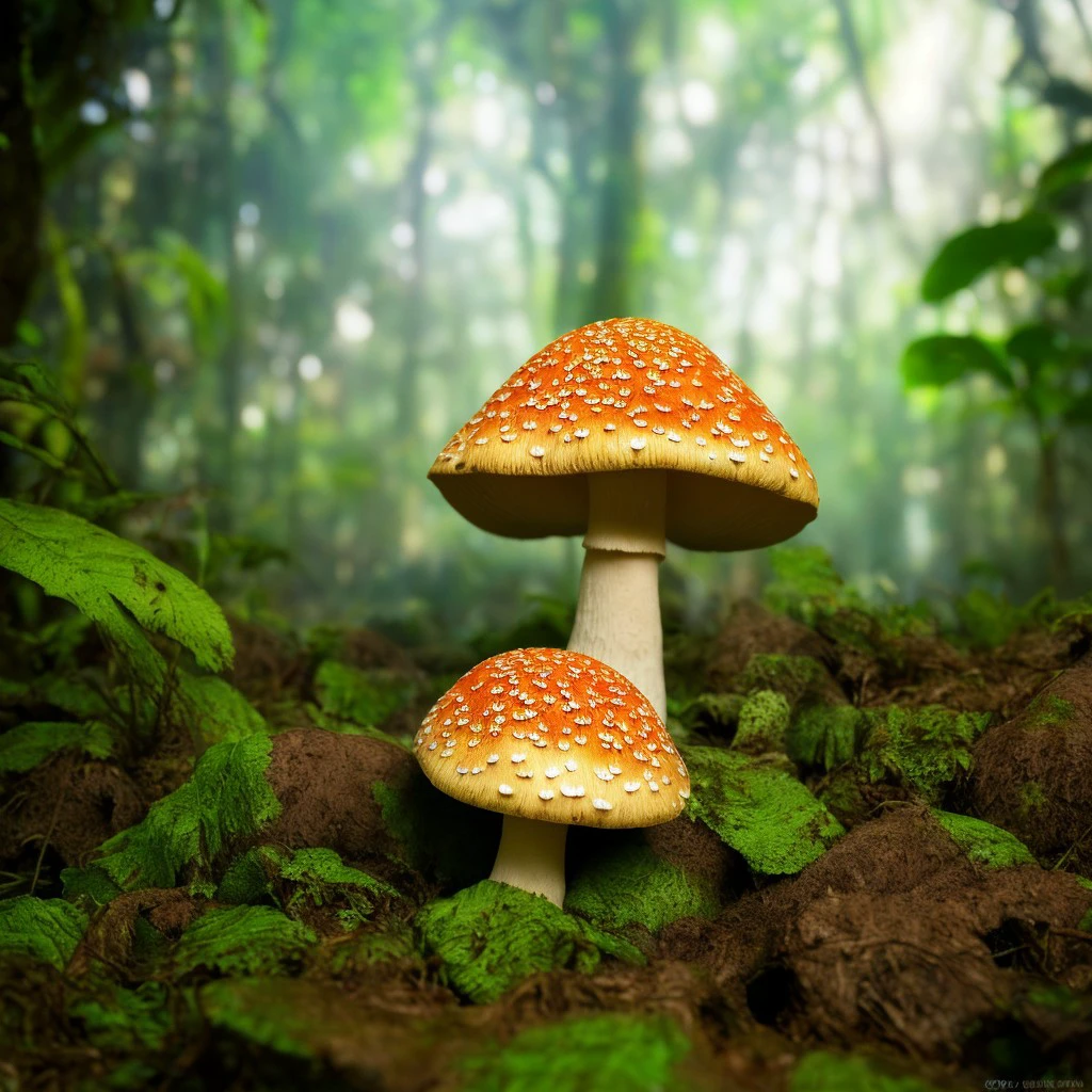 masterpiece, intricate photo, mystic giant mushrooms, background enchanted jungle, photo realistic, highly detailed, sharp focus,  colorful, high resolution, best quality, 8K, <lora:realmushroom_v10:1>