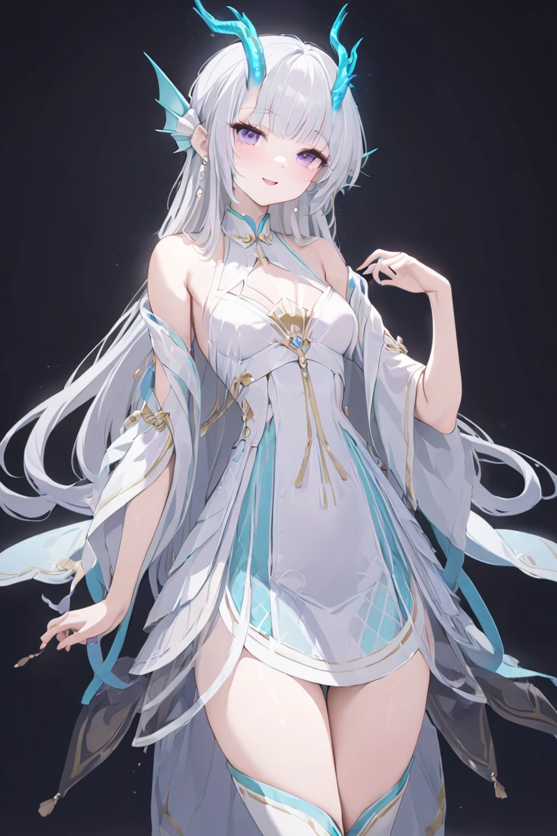 masterpiece, best quality, perfect features, 1girl, solo, light smile,  looking at viewer, smile, open mouth, simple background,
white hair, purple eyes, dragon horns, fins, head fins, dress, bare shoulders,white boots, <lora:Xishi_YLQY_xl:0.9>, masterpiece, best quality,