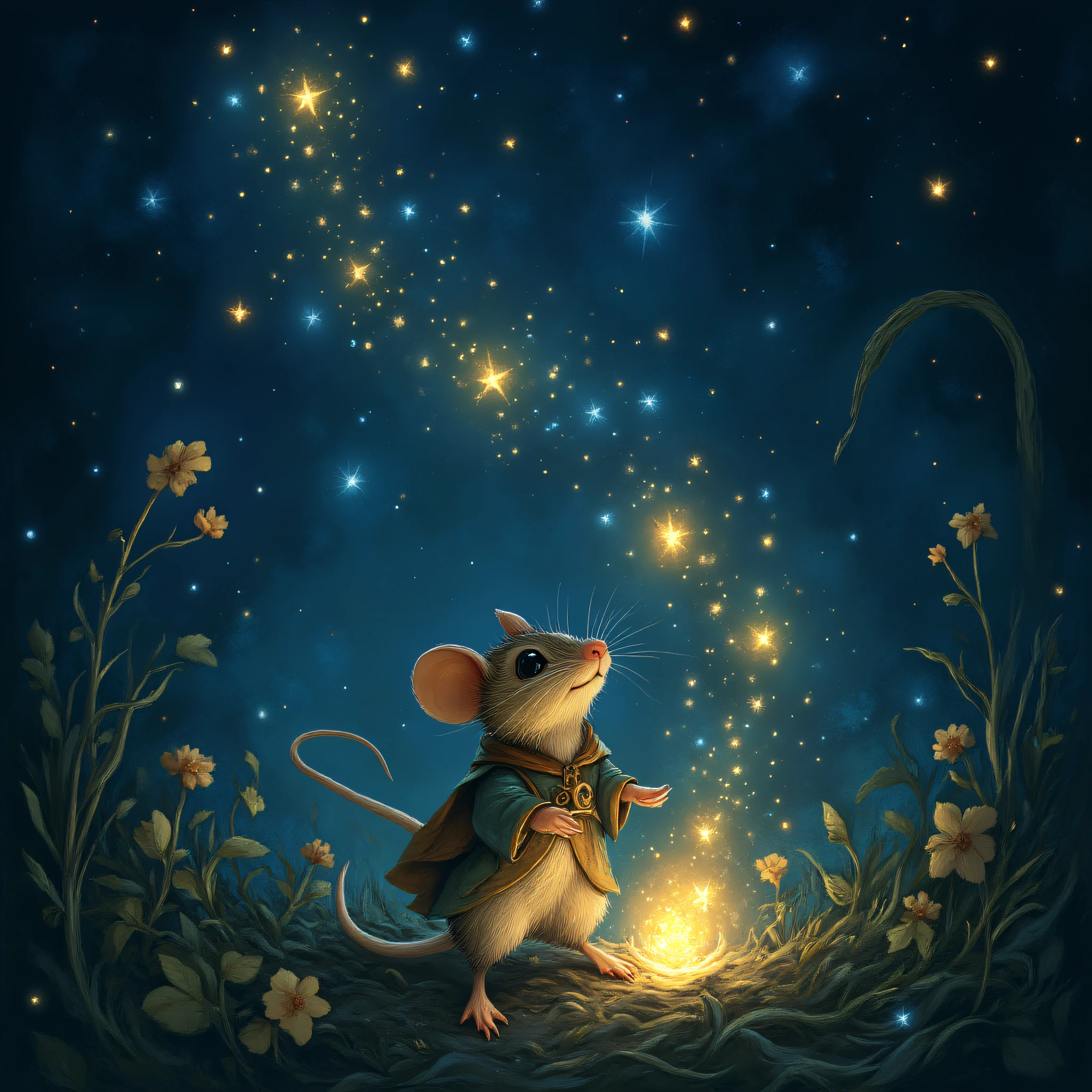 MazesAndMice, magical fairy tale illustration of a mouse under the starry night sky, in Mice and Mystics style