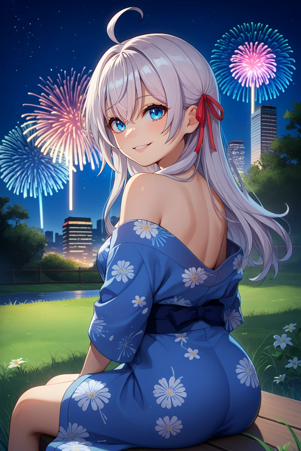 score_9, score_7_up, source_anime, from behind, cowboy shot, looking at viewer, smile, amkkj, large breasts, long hair, silver hair, crossed bangs, blue eyes, ahoge, hair ribbon, yukata, floral print, off shoulder, sitting, outdoors, night, grass, fireworks, skyline, <lora:Hoseki_Roshidere_Alisa_Mikhailovna_Kujou_PDXL_v1:1>