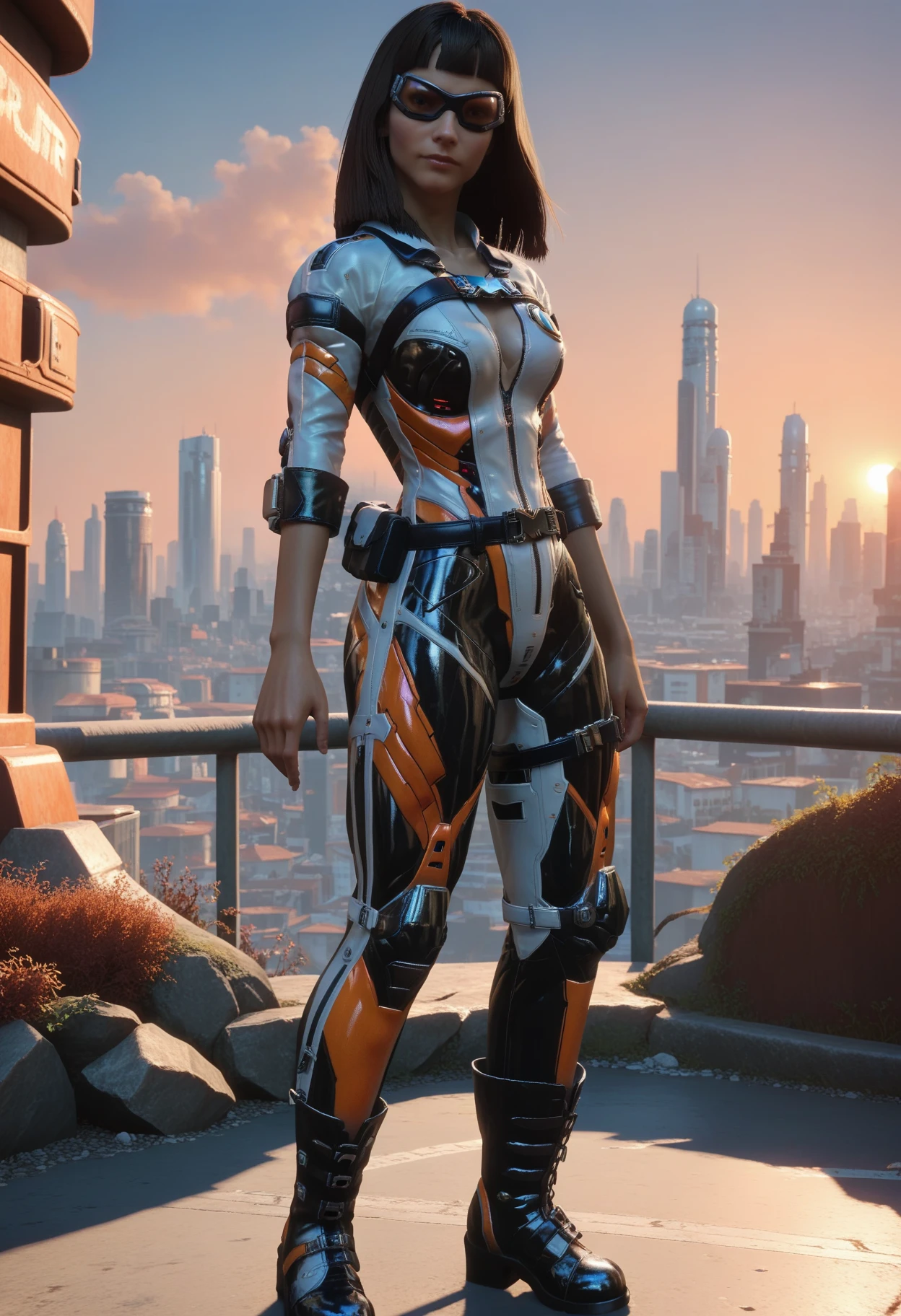 score_9, score_8_up, score_7_up, anime,
1girl, solo, brown hair, hime cut,
d4rkc0urs3r, power suit, chest harness, utility belt, pip-boy, belt boots, goggles,
outdoors, sunset, cityscape,
standing, looking at viewer,
full body, from side,
<lora:Dark_Courser_Pony_v1.0:0.7>