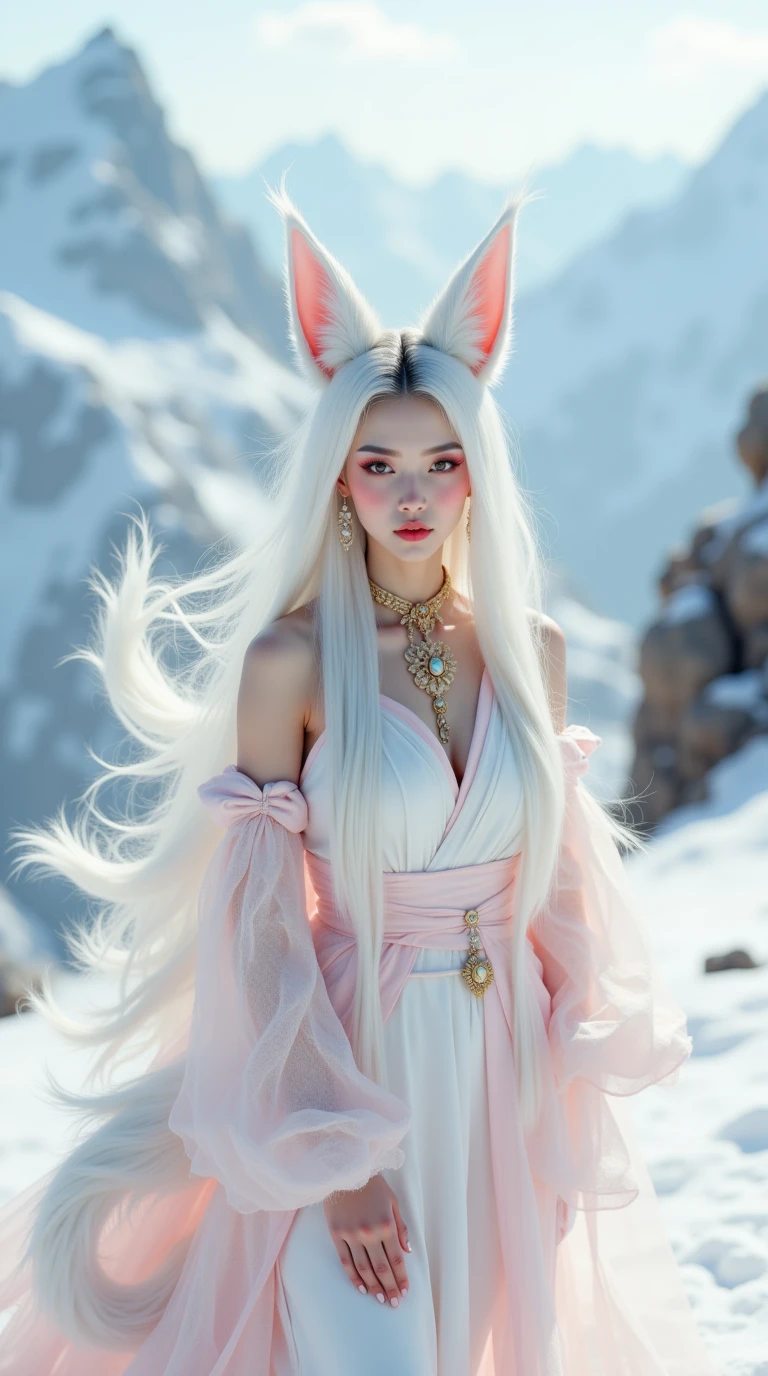 the nine tailed fox,with nine oversized fluffy tails and white fox ears,stands out with makeup,chinese clothing,hair accessories,jewelry,earrings,wide sleeves,and bare shoulders. it is sexy,seductive,and semi transparent on the snowy mountains. filled with incredibly rich details,creating realistic visual effects. realistic photography,the image is a portrait of a young woman standing in a snowy mountain landscape. she is wearing a long white dress with a high neckline and long sleeves. the dress is **** of a light pink fabric with a gold necklace and earrings. the woman has long white hair that is styled in a half-up,half-down look with cat ears on top. she has red lipstick on her lips and is looking directly at the camera with a serious expression. the background shows a mountain range covered in snow and a clear blue sky. the overall mood of the image is mystical and mystical.,nine tailed fox,Ultimate quality,extremely detailed,ultra-fine face,ultra-high definition 8K,8K resolution,