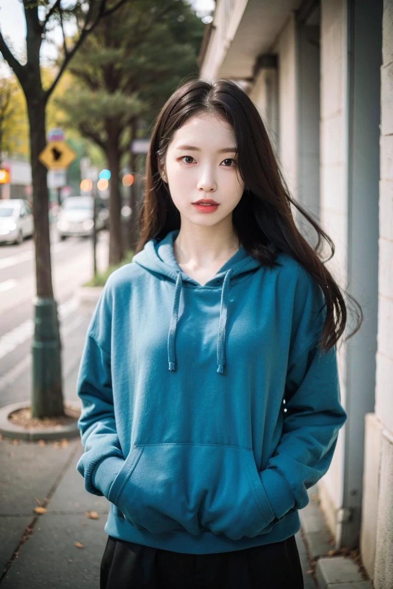 upper body photo of arinomg in blue hoodie, makeup, streets, day, hard shadows, (photorealistic:2.0), <lora:arinomg-v3a:1>