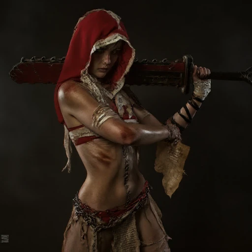 obscuring her face, female figure, giving her a rebellious, worn red color with visible wear and tear., fitting their role as relentless warriors seeking redemption through battle. This is a high-quality, gritty, athletic woman in a fantasy-themed outfit. She is depicted in a dynamic pose, likely taken in a studio with dramatic lighting. She is dressed in a warlike, giving a gritty, with a red, parchment-like material with faded, dark setting. She has a robust, smoky eye makeup and a piercing gaze. She is wearing a torn, symbolizing their penance and humility. Much of their skin is exposed (almost nude), reminiscent of a post-apocalyptic or fantasy setting. The subject is a muscular, focused expression. She is dressed in a torn, makeshift outfit that resembles a mix of battle gear and newspaper fragments, set against a dark