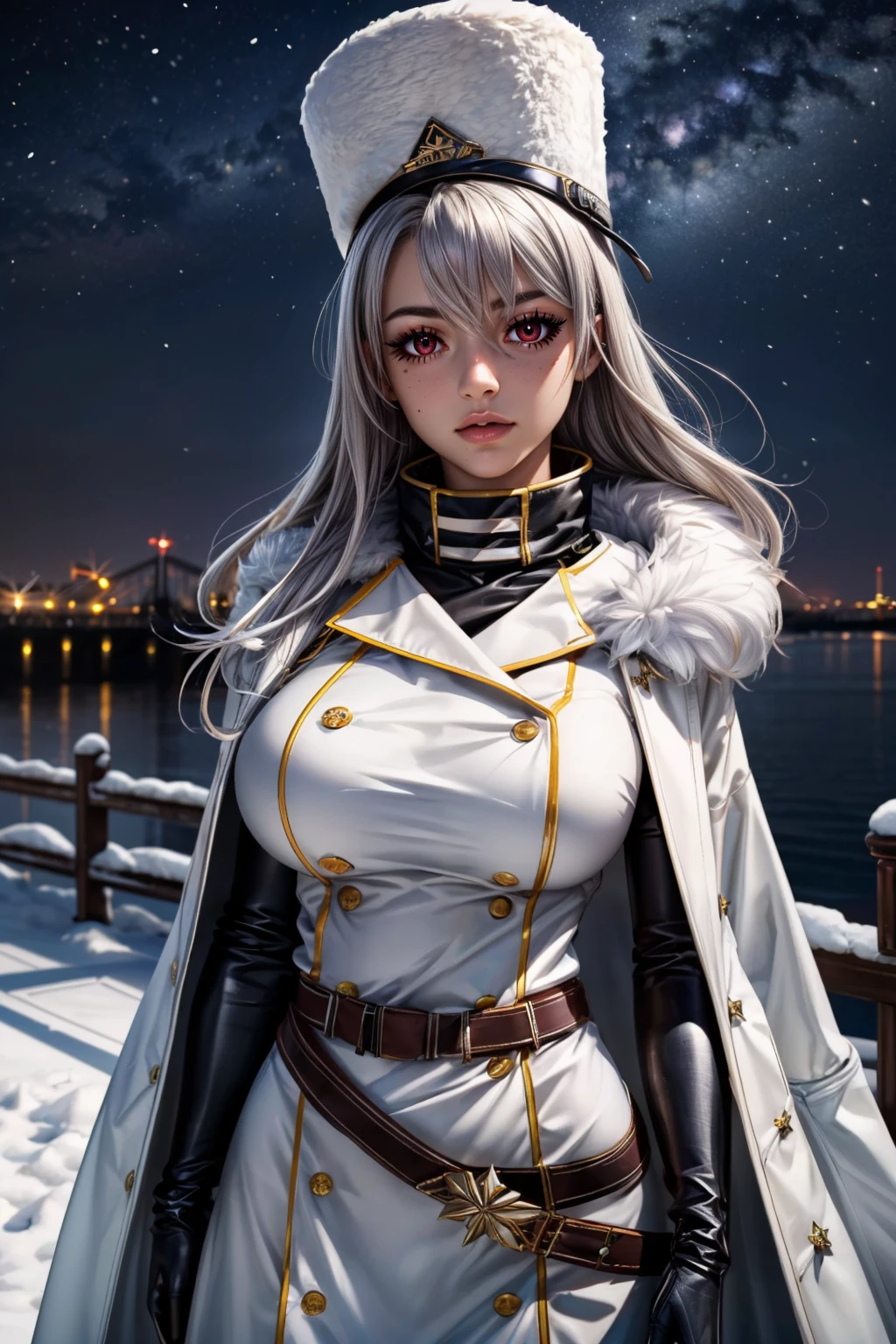 (ultra realistic,32k, masterpiece:1.2),(high detailed skin:1.1),( high quality:1.1), <lora:IllyasvielVonEinzbern_v1:0.7>, zzIllya, looking at viewer, night, outdoors, snowing, sky, BREAK,   <lora:Rossiya_Azurlane:0.7>, zzRossiya, long hair, red eyes, hair between eyes, white hair, mole, very long hair, mole under eye, bangs, grey hair, hat, white headwear, military hat, black gloves, double-breasted, fur-trimmed coat, high collar, white coat, belt, elbow gloves,  BREAK,  blooming stars, luminescent petals, otherworldly fragrance blurry background, (looking at viewer, standing:1.1), huge breast, large breast, <lora:add_detail:0.92>, (glowwave:1.1),