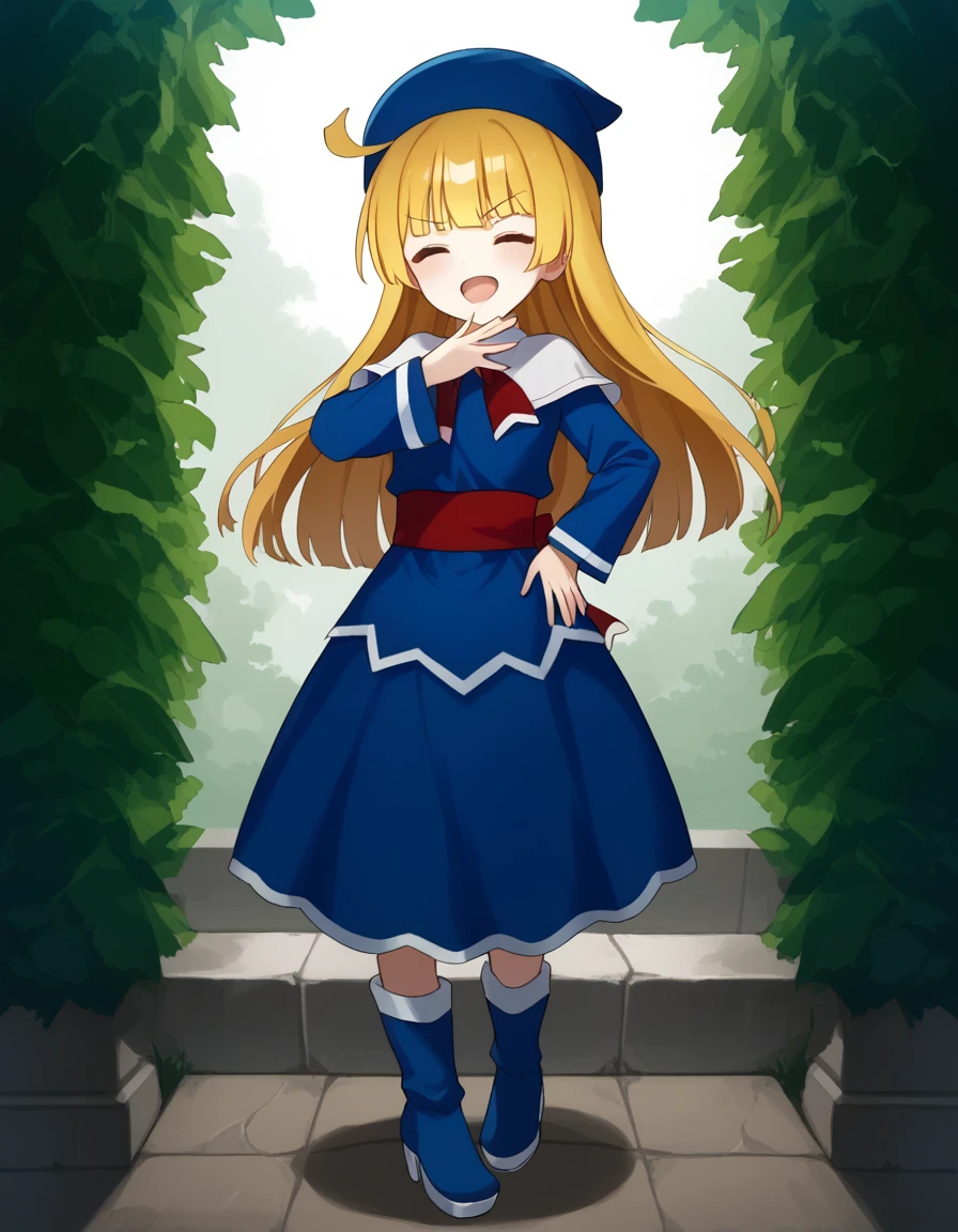 <lora:witchPF_SDXL_pony_fp16_ver04_168-000025:1>,witchPF, 1girl,solo,blonde hair,closed eyes,long hair,blunt bangs,ahoge, blue hat, dress,red sash, capelet,long sleeves,red sash,blue boots,<lora:ojou-sama_pose _pony:0.9>,ojou-sama_pose,smile, open mouth,looking at viewer,v-shaped eyebrows,hand on own hip,Vibrant garden, score_9, score_8_up, score_7_up, BREAK source_anime, rating_questionable, best quality, masterpiece, uncensored,<lora:pony_good_hands:1>,good_hands ,[pony diffusion V6 is trained by PurpleSmartAI:100]