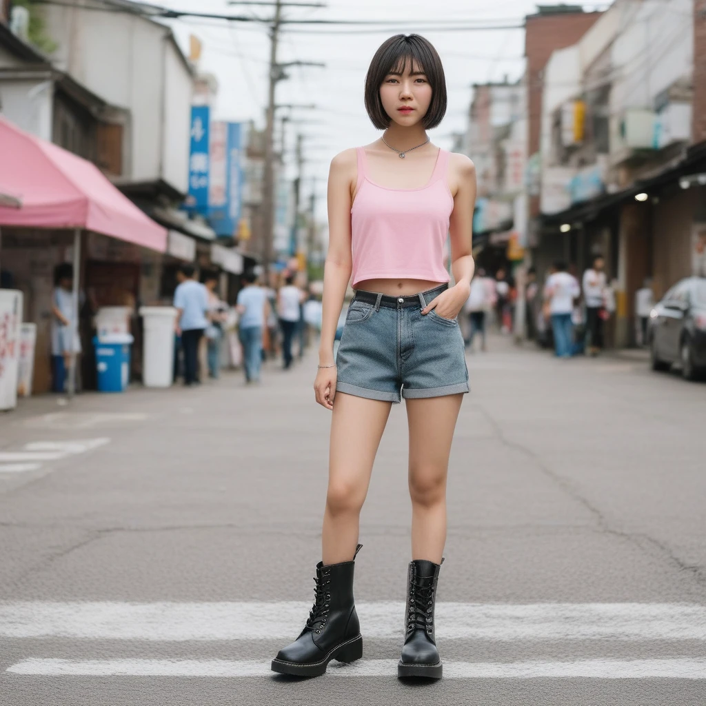 best quality, high quality, masterpiece, hyperrealistic, girl, standing, asian, japanese,  hand on hip, short bobbed hair, pink tank top,  jeans, dm boots, black dm boots, outdoors, street