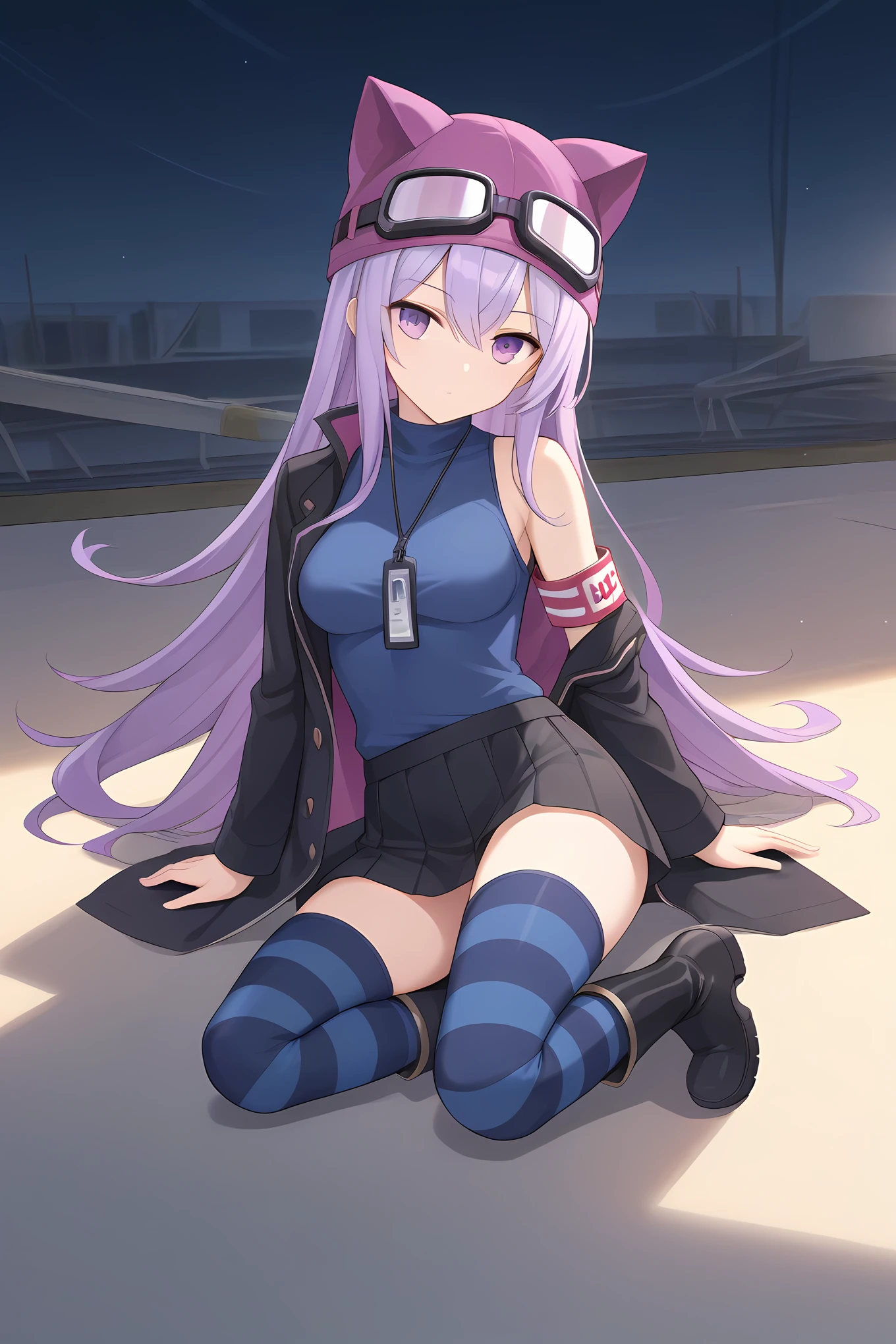 (black jacket blue shirt black skirt striped thighhighs armband black boots), dsc-sayo, purple hair, purple eyes, purple animal hat, goggles on head, medium breasts, 1girl, solo, skinny, score_9, score_8_up, score_7_up, score_6_up, score_5_up, source_anime, , sunset, (1.3::full body|sitting|standing|lying|straight-on|0.6::close-up| :1.20), feet, <lora:dsc-sayo-V01-000004:0.60>