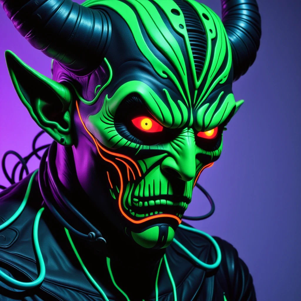 fluorescent demon, closeup of a cybernetic demon, green and purple, lots of wires