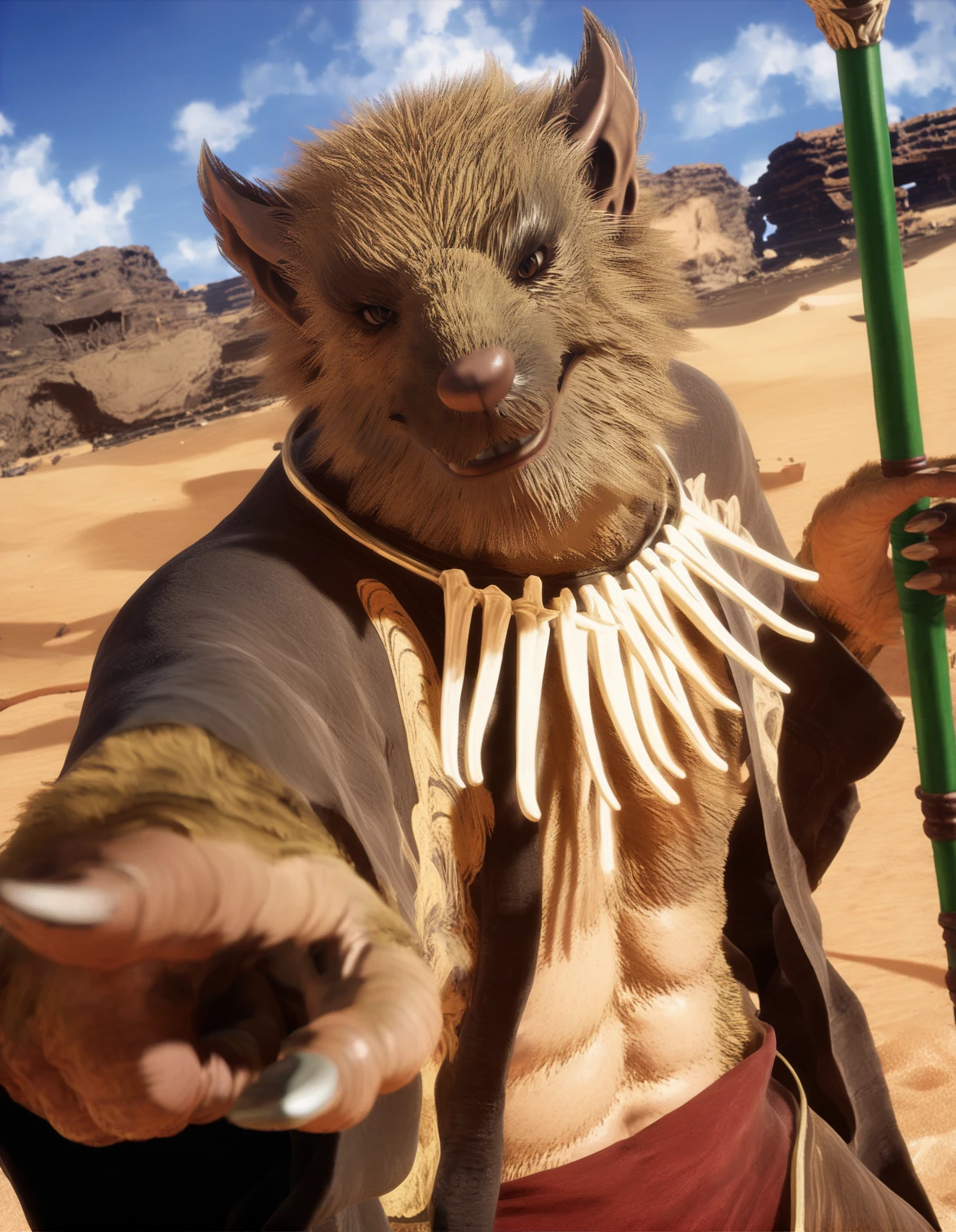 yws, rat, solo, male, anthro, brown eyes, bone necklace, black shirt, pattern shirt, open shirt, tassets, pointing at viewer, half-length portrait, smile, looking at viewer, holding weapon, detailed background, blue sky, cloud, desert, rock, sand, dutch angle, glistening eyes, fingers,  
<lora:BlackMythYellowWindSage_1.0.2:1>