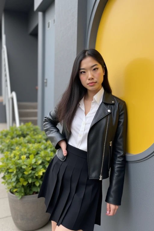 akanemsko, an asian akanemsko 1girl, standing outdoors in a casual, yet stylish outfit. She has a light complexion, straight black hair that falls past her shoulders, and a confident, poised expression. She is wearing a black leather jacket with silver zippers and a white button-up shirt underneath. The shirt is neatly tucked into a high-waisted, pleated black skirt that falls to her knees. Her makeup is subtle, with a focus on a natural look, featuring a hint of pink lipstick and soft eye shadow. 
She is leaning against a gray wall with a large, round yellow window to her right. A small potted plant with lush green foliage is partially visible to her left, adding a touch of nature to the urban setting. The background also includes a modern, metal-framed door and a set of stairs, suggesting a residential or commercial building. The overall composition of the image captures a blend of urban and natural elements, highlighting the woman's modern, fashionable attire in a contemporary urban environment. <lora:AkaNemsko_Flux:1>