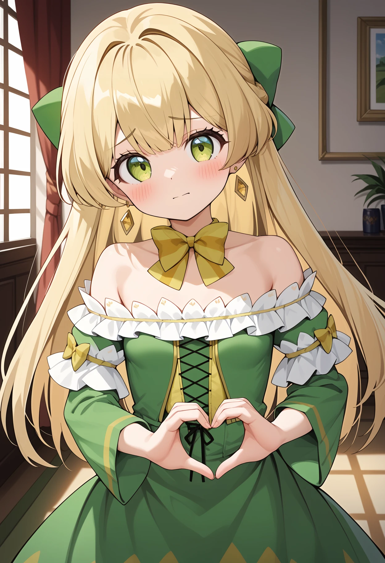 score_9, score_8_up, score_7_up, score_6_up, score_5_up, score_4_up, source_anime, aatelestia, long hair, blonde hair, hair bow, earrings, green eyes, small breasts, collarbone, bare shoulders, yellow bowtie, strapless, green dress, long sleeves, green sleeves, <lora:telestia_terra_esfort_ponyxl_v1:0.9>, embarrassed, blush, heart hands, indoors,