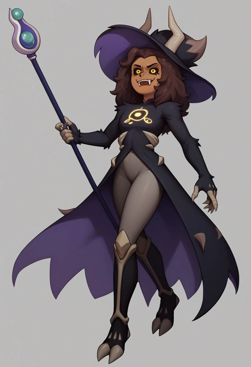 score_9, score_8_up,score_7_up, (high-contrast, cel shading), solo,, 
(LuzTitan, yellow eyes, brown skin, black sclera, horns, fangs, fur covered body, witch hat, staff, leggings, ),