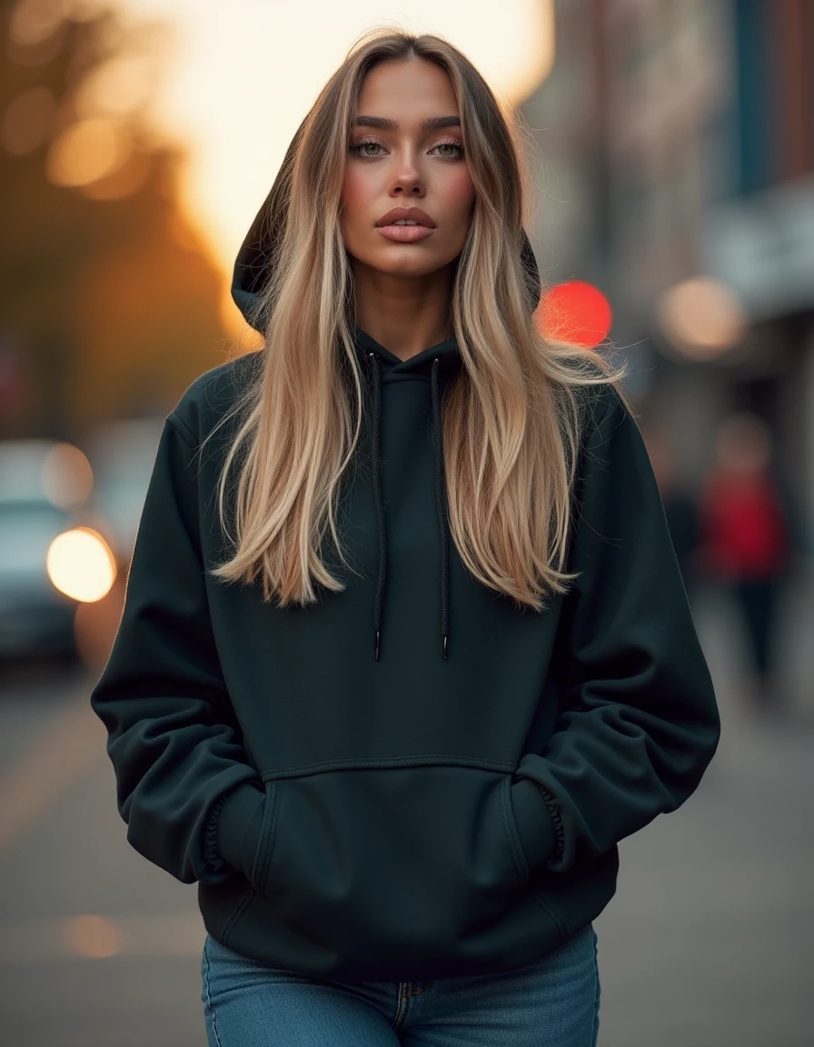 Al3x, wearing hoodie, jeans, hands in pockets, parted lips, eyeliner, makeup, eyelashes, long hair, blonde hair, full body, outdoors, bokeh lights, 8k, extremely detailed face <lora:Al3x-000001:1>