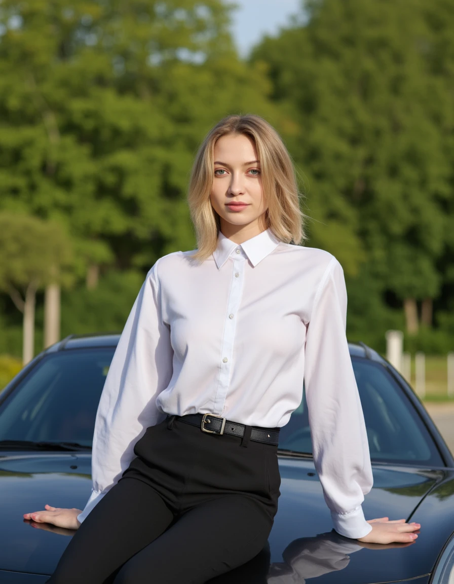 a beautiful blonde woman, wearing a (white collared shirt), long sleeves, (black pants, belt), sitting on a car in a park, Lotus, <lora:ButtonedUp:1>, photographed on a Fujifilm XT3, 80mm F/1.7 prime lens, cinematic film still, cinestill 500T, highly detailed, masterpiece, highest quality, intricately detailed, HDR, 8k, uhd, photorealistic