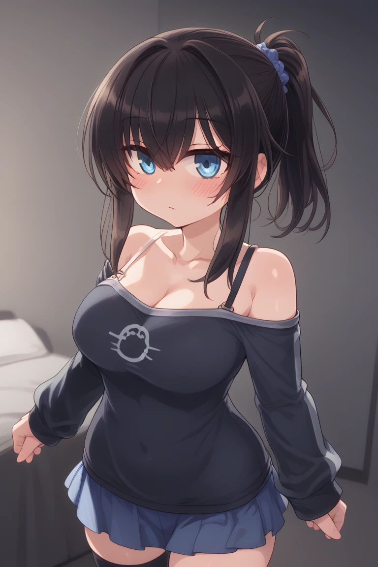 nullnew, blue eyes, skirt, large breasts, shirt, black hair, thighhighs, long sleeves hair between eyes, solo, mole, blue skirt, zettai ryouiki, mole under eye, raglan sleeves,ponytail,hair ornament,scrunchie strap slip, camisole white, shiny skin