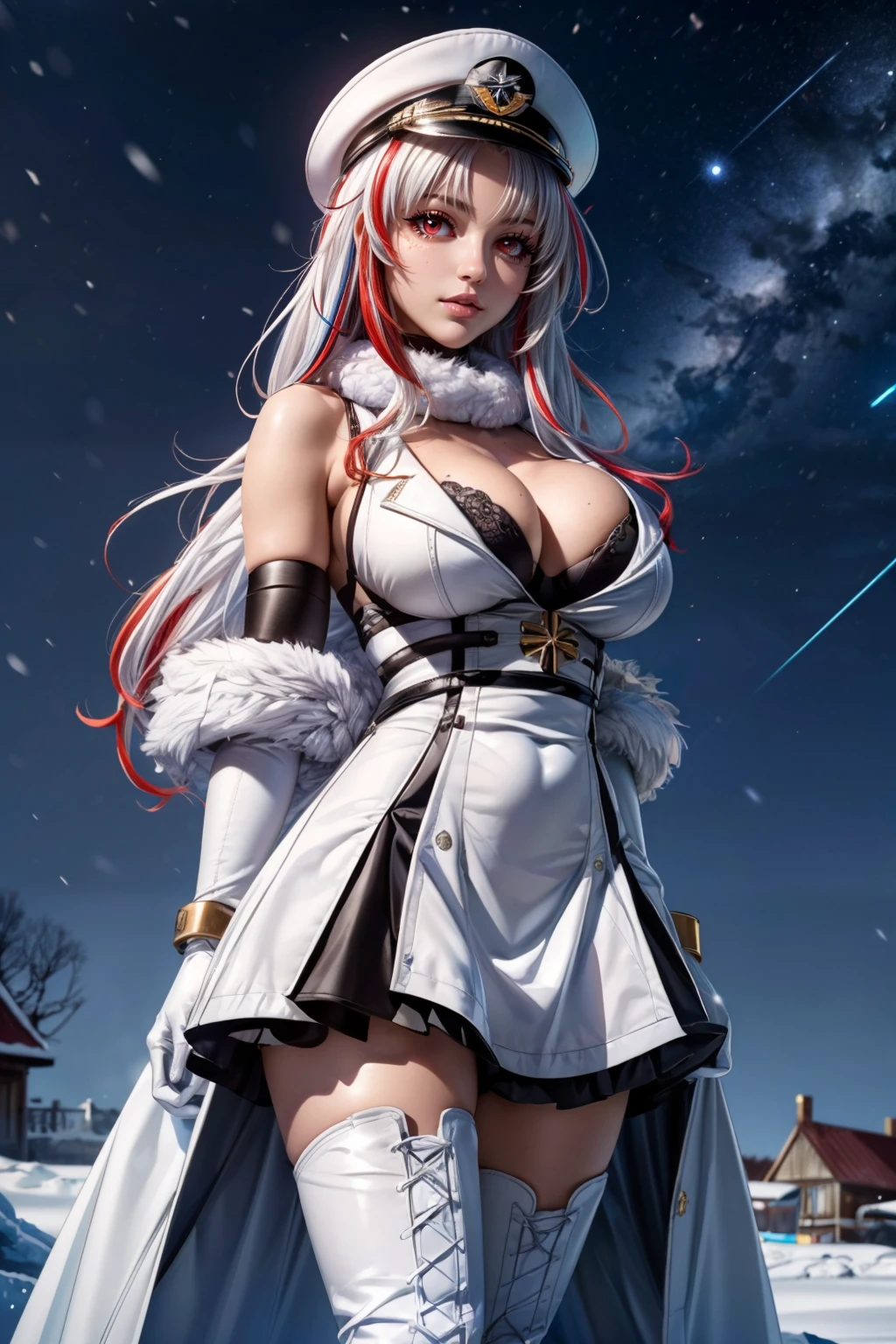 (ultra realistic,32k, masterpiece:1.2),(high detailed skin:1.1),( high quality:1.1), <lora:IllyasvielVonEinzbern_v1:0.7>, zzIllya, looking at viewer, night, outdoors, snowing, sky, BREAK,   <lora:Tallinn_Azurlane:0.7>, zzTallinn, long hair, multicolored hair, red hair, streaked hair, red eyes, mole, mole on breast, white hair, two-tone hair, hat, bangs, very long hair, white headwear, cleavage, elbow gloves, white dress, white gloves, bare shoulders, white coat, peaked cap, white thighhighs, thigh boots, white footwear, fur trim, cross-laced footwear, parted bangs, sleeveless dress,   BREAK,  blooming stars, luminescent petals, otherworldly fragrance blurry background, (looking at viewer, standing:1.1), huge breast, large breast, <lora:add_detail:0.92>, (glowwave:1.1),