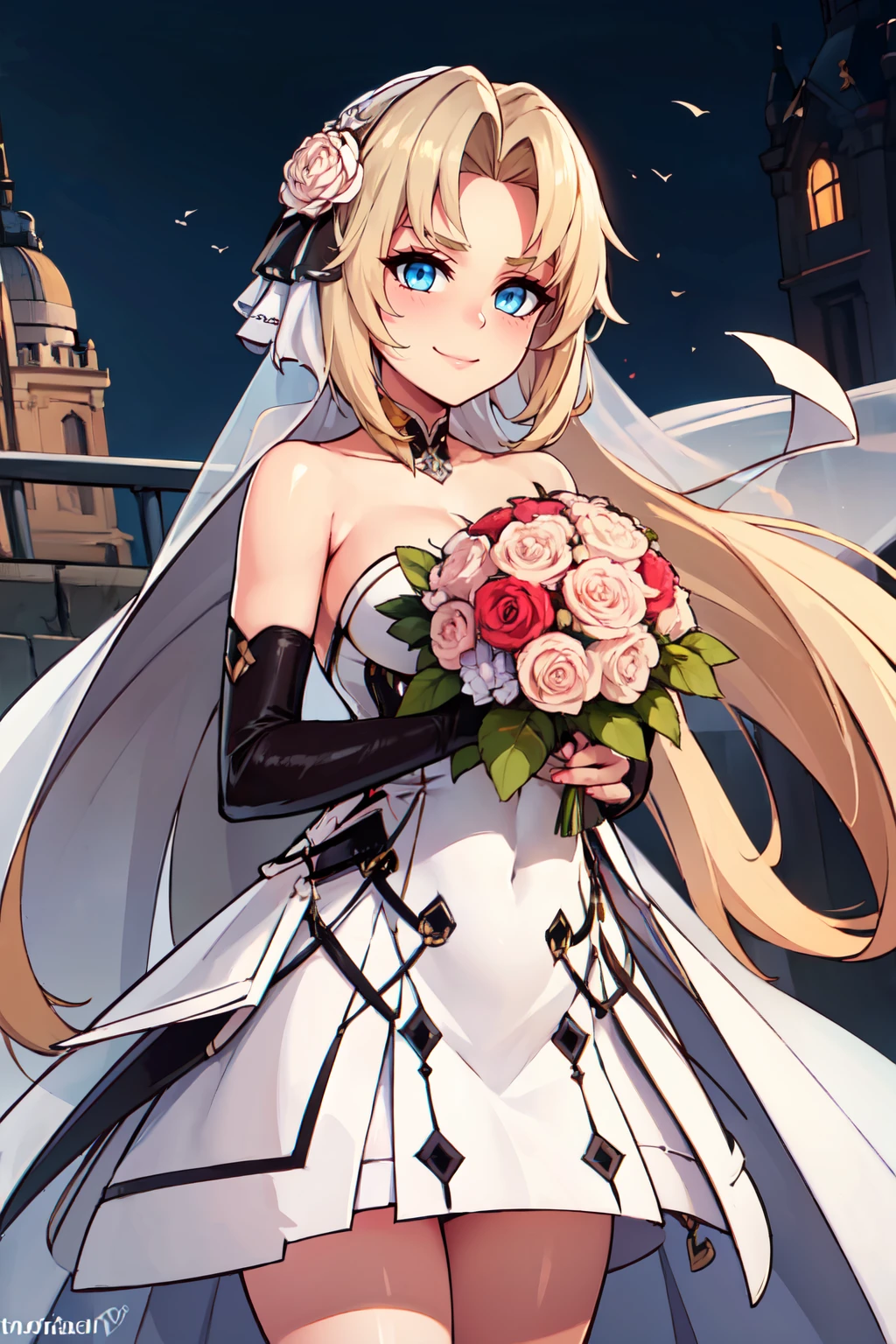 ((masterpiece,best quality)), absurdres,  BREAK, , <lora:Kronshtadt_Azurlane:0.8>, zzKronshtadt, blue eyes, long hair, blonde hair, very long hair, bangs, parted bangs,, BREAK, bride, wedding dress, bridal veil, strapless dress, elbow gloves, holding bouquet,, BREAK, solo, smile, looking at viewer, cowboy shot,