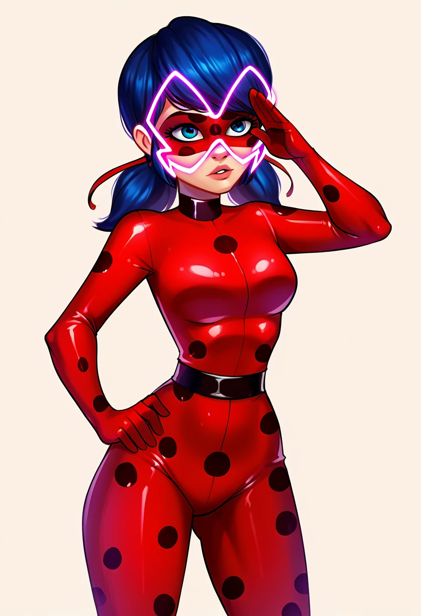 score_9,score_8_up, score_7_up, source_safe, rating_safe, 1girl, solo, marinette_dupain-cheng, miraculous_ladybug, akumatized, pink_eyes, shining_eyes, salute, costume <lora:Akumatized_-_Miraculous_ladybug-000009:1.0>