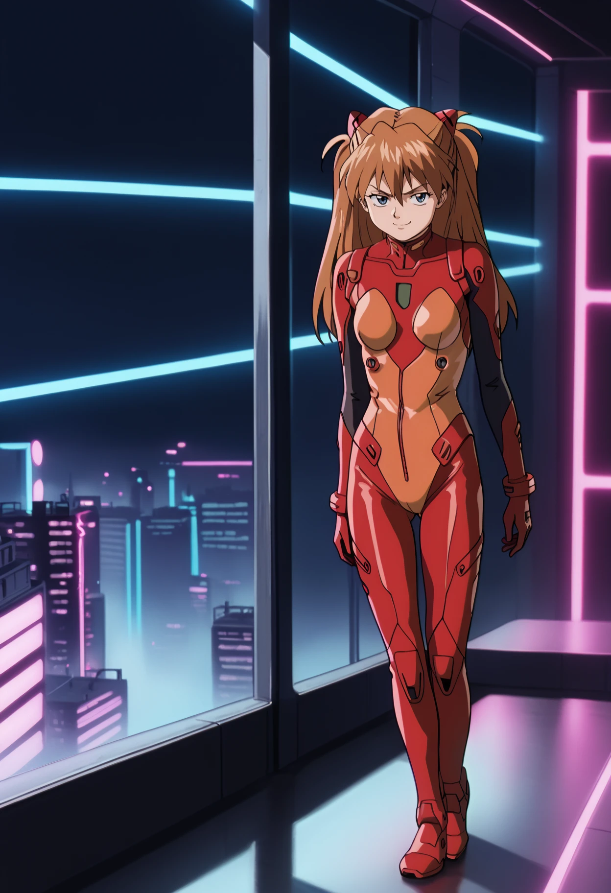 score_9, score_8_up, score_7_up,  sksgw, retro artstyle, BREAK,
1girl, asuka langley, red plugsuit, standing, smug, looking at viewer, futuristic background, neon light , buildings, night   <lora:GundamWingXLLocon_byKonan:1>