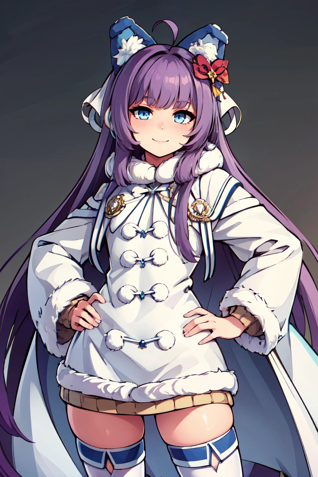 ((masterpiece,best quality)), absurdres,  BREAK, , <lora:Tashkent_Azurlane:0.8>, zzTashkent, long hair, purple hair, blue eyes, very long hair, bangs, animal ears, ribbon, hair ribbon, fake animal ears, hair ornament, dress, long sleeves, white coat, sleeves past fingers, white background, white thighhighs, winter clothes, brown sweater, ahoge, fur-trimmed sleeves,  , BREAK, hip to the side, hand on hip, contrapposto,, BREAK, solo, smile, looking at viewer, cowboy shot,