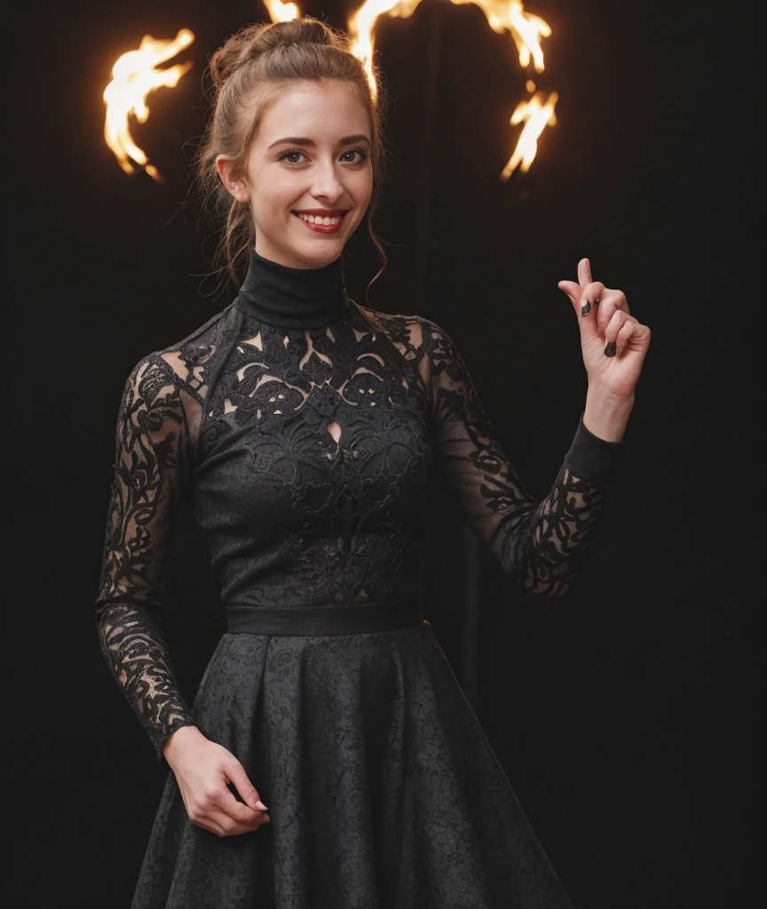 a professional absurdres sharp focus intricately detailed photograph of a young (Ashlyn_Pearce:1.1), with a friendly smile and black lipstick, wearing a plaid and paisley turtleneck dress with intricate lace sleeves,
<lora:Ashlyn_Pearce:0.8> ,
dancing in a pit of fire because why not?