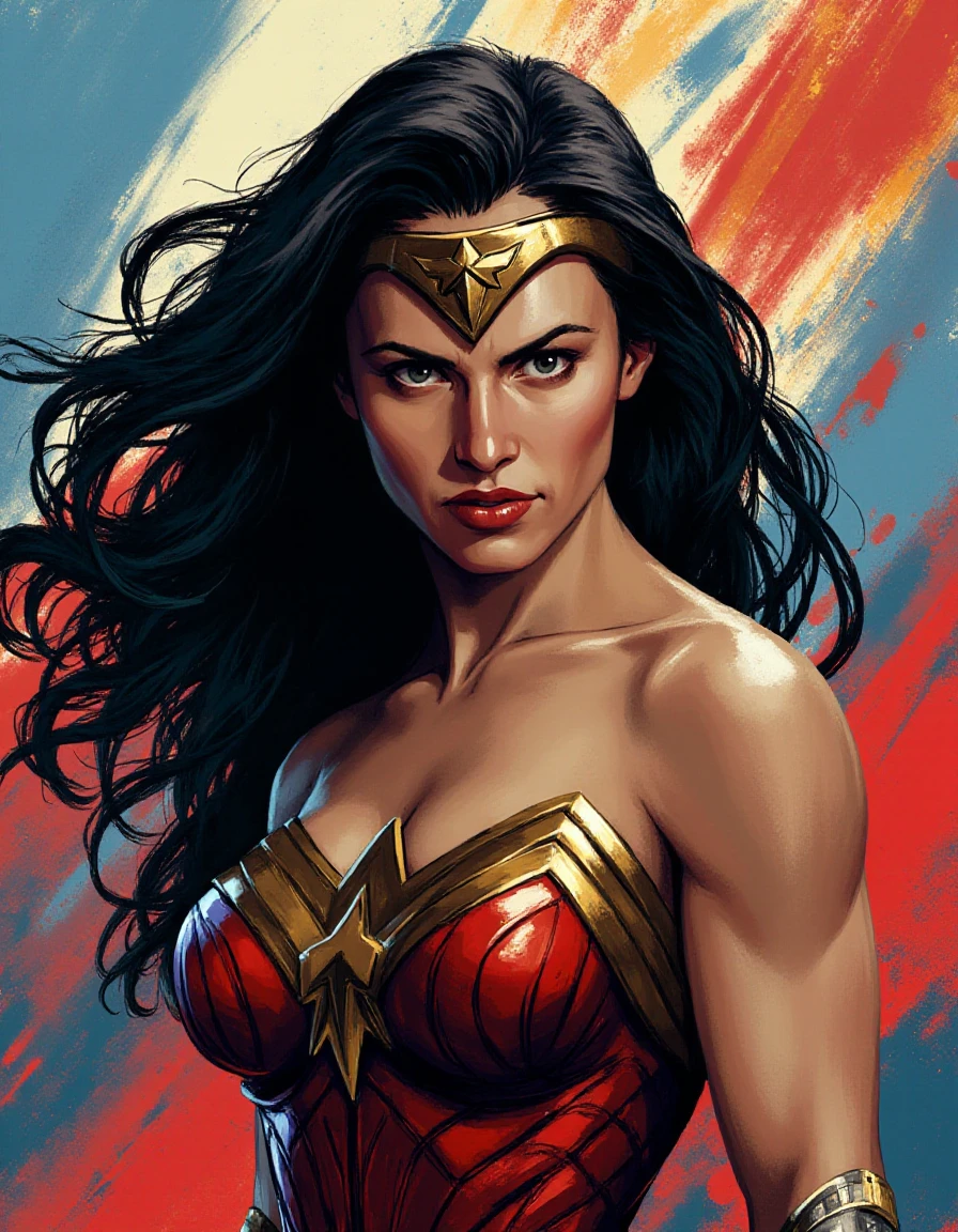 <lora:Disco_Elysium_Portrait_Style_Flux:1>
In a striking abstract digital painting, a powerful headshot portrait of Wonder Woman emerges, her fierce gaze piercing through the vibrant composition. Her dark, flowing hair cascades wildly around her face, each strand rendered with energetic brushstrokes that reflect her strength and determination. The background swirls with a riot of colors, a kaleidoscope of deep reds, electric blues, and shimmering golds, evoking both her warrior spirit and her Amazonian heritage.
Bold, expressive brushstrokes intertwine to create an ethereal quality, as if the painting itself is alive with motion and emotion. Glimmers of light dance across the canvas, highlighting her iconic tiara and the subtle, intricate details of her armor. The expressive flicks of paint enhance the dynamic tension of her pose, suggesting that she is ready to leap into action. 
Overall, the atmosphere is charged with energy and resilience, embodying the essence of Wonder Woman as more than just a hero, but a symbol of empowerment and courage. Each brushstroke captures the viewer's attention, inviting them to delve deeper into the vibrant world that surrounds her.