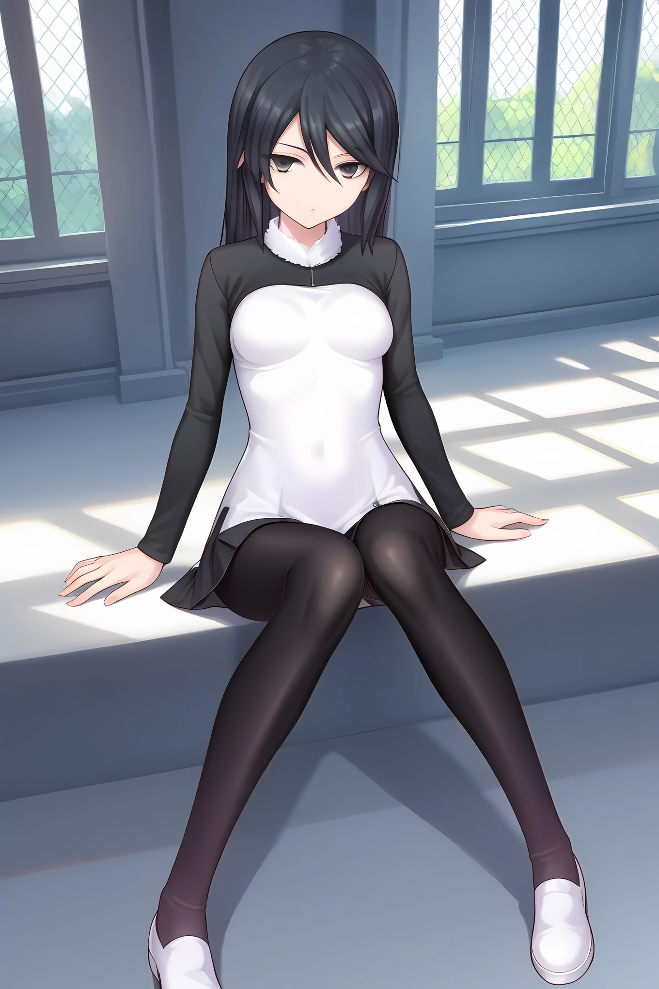 (white dress two-tone dress black sleeves raglan sleeves short dress black leggings white shoes), dsc-yuuko, black hair, medium breasts, 1girl, solo, skinny, score_9, score_8_up, score_7_up, score_6_up, score_5_up, source_anime, horny, castle, (1.3::full body|sitting|standing|lying|0.6::close-up| :1.20), feet, <lora:dsc-yuuko-V01-000005:0.80>