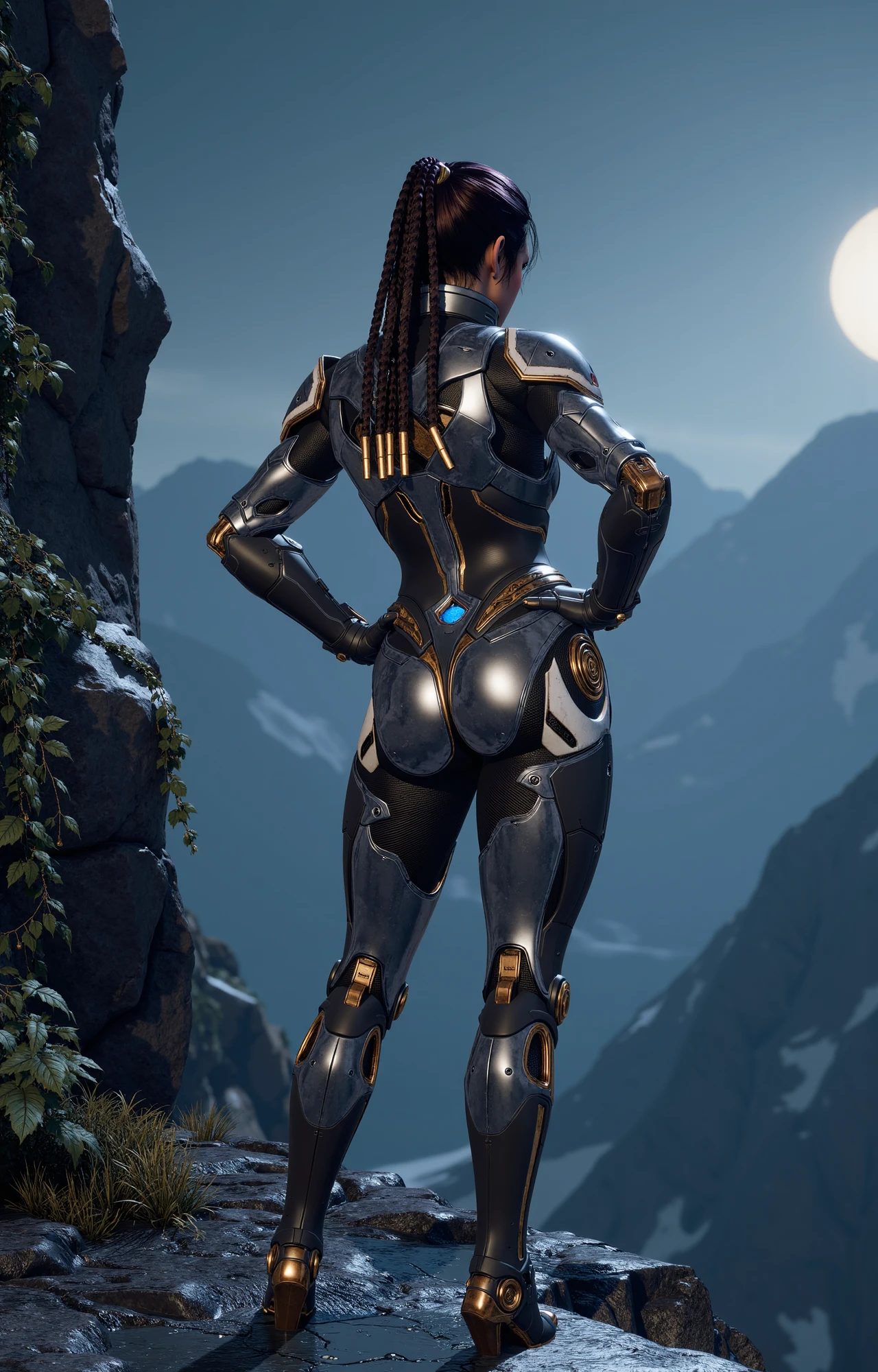 a realistic cinematic film still of TFD-Sharen-Default-NoHelmet, a female cyborg in a futuristic, armored suit standing on the edge of the cliff at night with her hands on her hips facing away. There is foliage and vines growing around her with intense lighting and snowy mountains and moon in the background. The ground is wet with a reflective surface and a water puddle.
Her dark brown hair is styled in multiple thick braids adorned with small, metallic rings. 
She has a futuristic, armor-like suit that is predominantly metallic silver with gold accents and intricate, glowing blue details. The suit is form-fitting and covers her entire body, with a high collar. The armor has a sleek, polished appearance with smooth, rounded edges and a slightly reflective surface, giving it a high-tech, futuristic aesthetic.  The suit's form-fitting, aerodynamic shape, emphasizes her curvaceous physique <lora:TFD-Sharen-Default-NoHelmet:0.7>