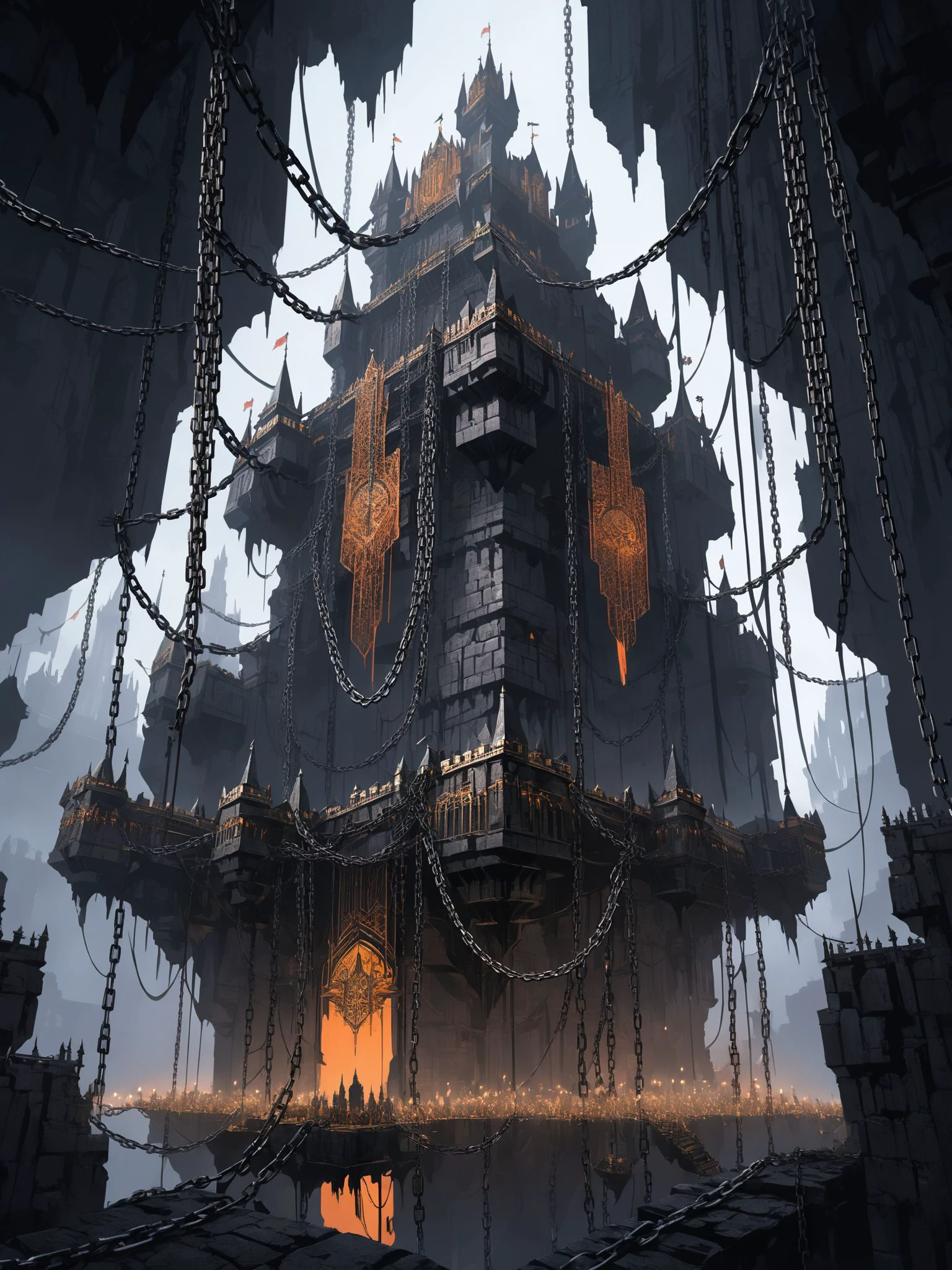 a towering floating fortress surrounded by chains, darkcore, epic illustration, UHD, fine detail,<lora:Darkcore_SDXL:0.75>