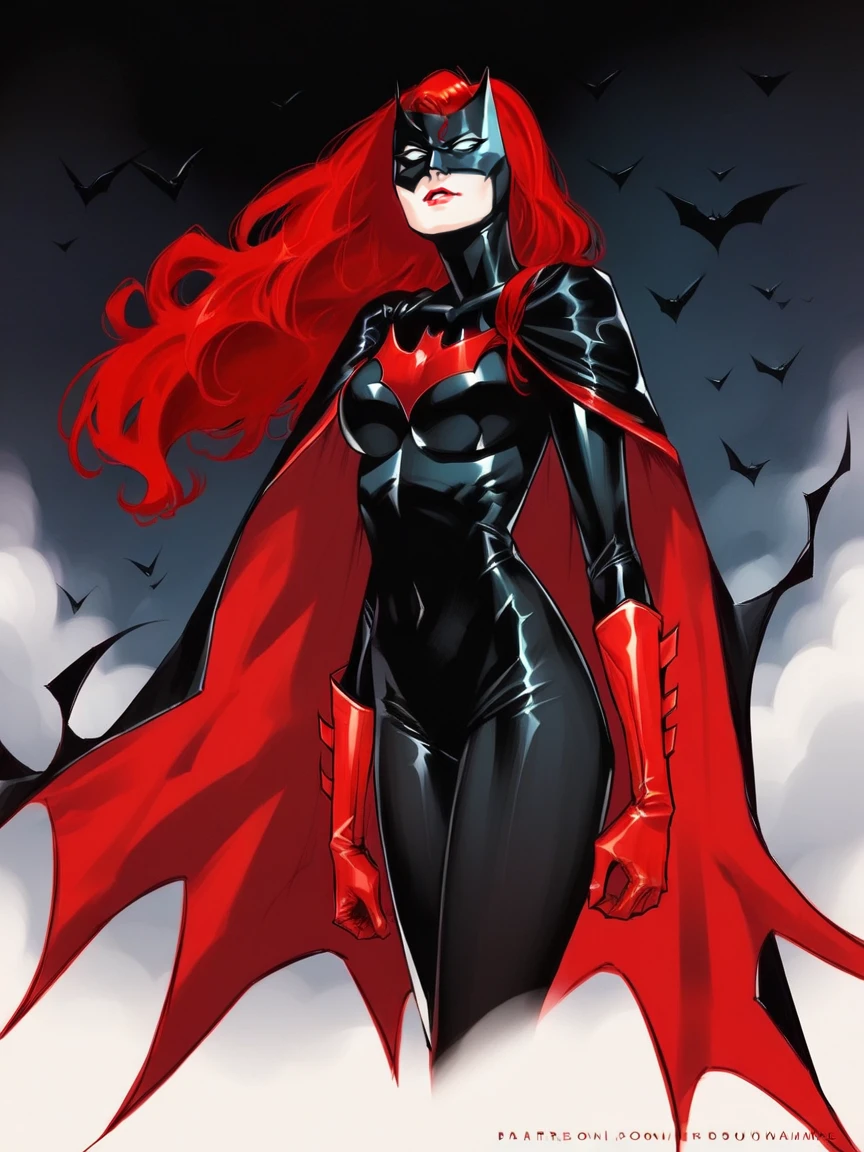 score_9, score_8_up, score_7_up, score_6_up, score_5_up,  <lora:B4twomanXLP:1> b4twoman, 1girl, solo, red hair, gloves, long hair, mask, cape, bodysuit